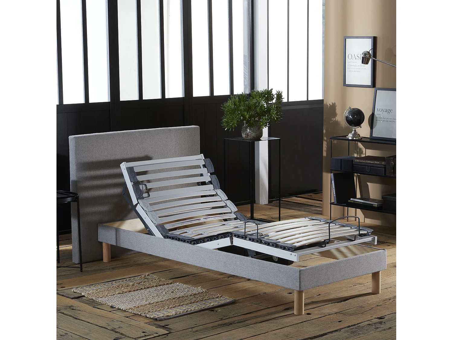 Ensemble lit électrique de relaxation multi lattes + Matelas 100% latex Couleur - Gris Clair, - 90 x 190 cm