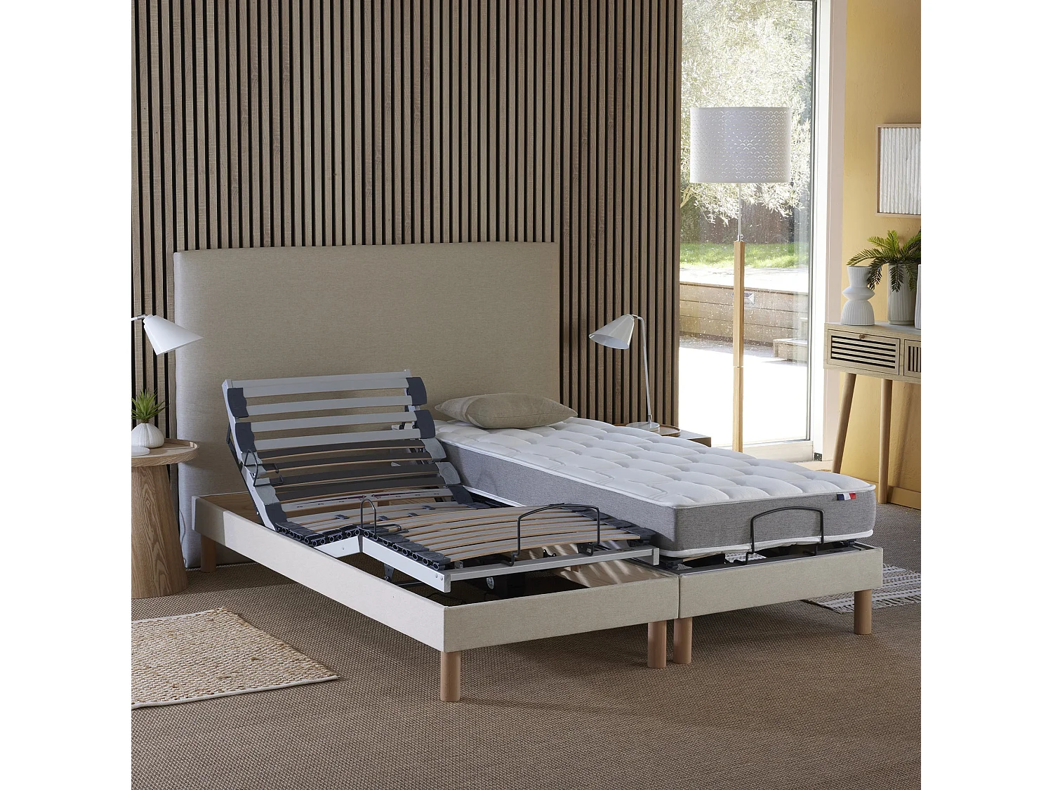 Ensemble lit électrique relaxation multi lattes + Matelas Mousse 35HR Couleur - Beige, - 2x80 x 200 cm