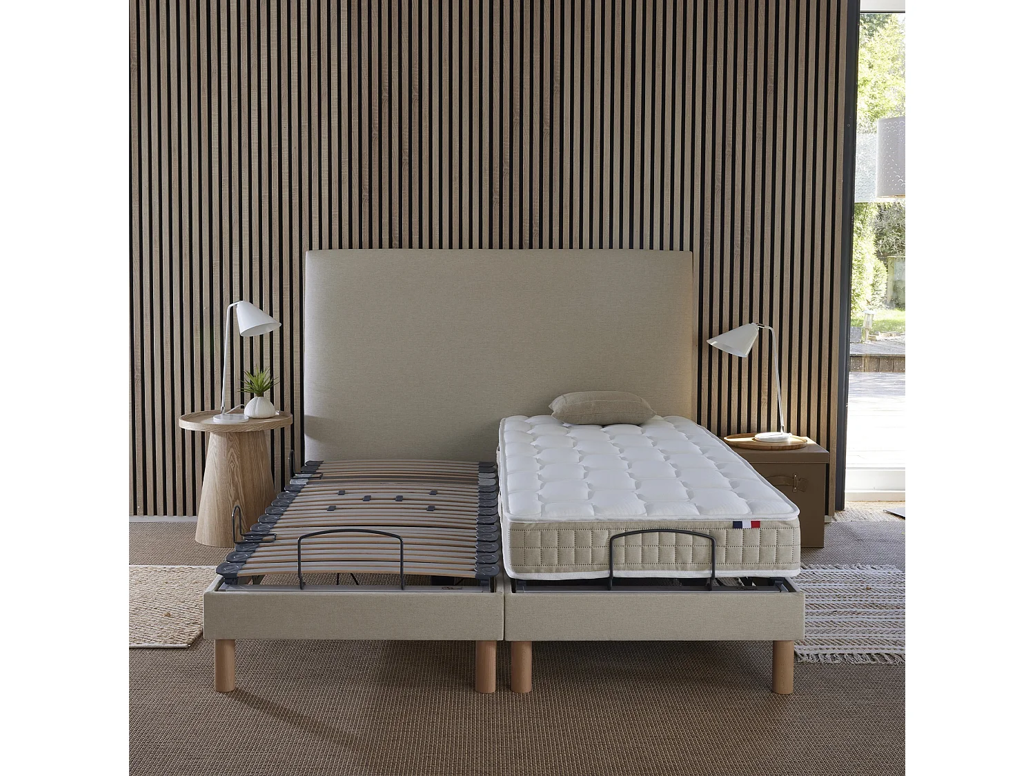 Ensemble lit électrique de relaxation multi lattes + Matelas 100% latex Couleur - Beige, - 2x90 x 200 cm