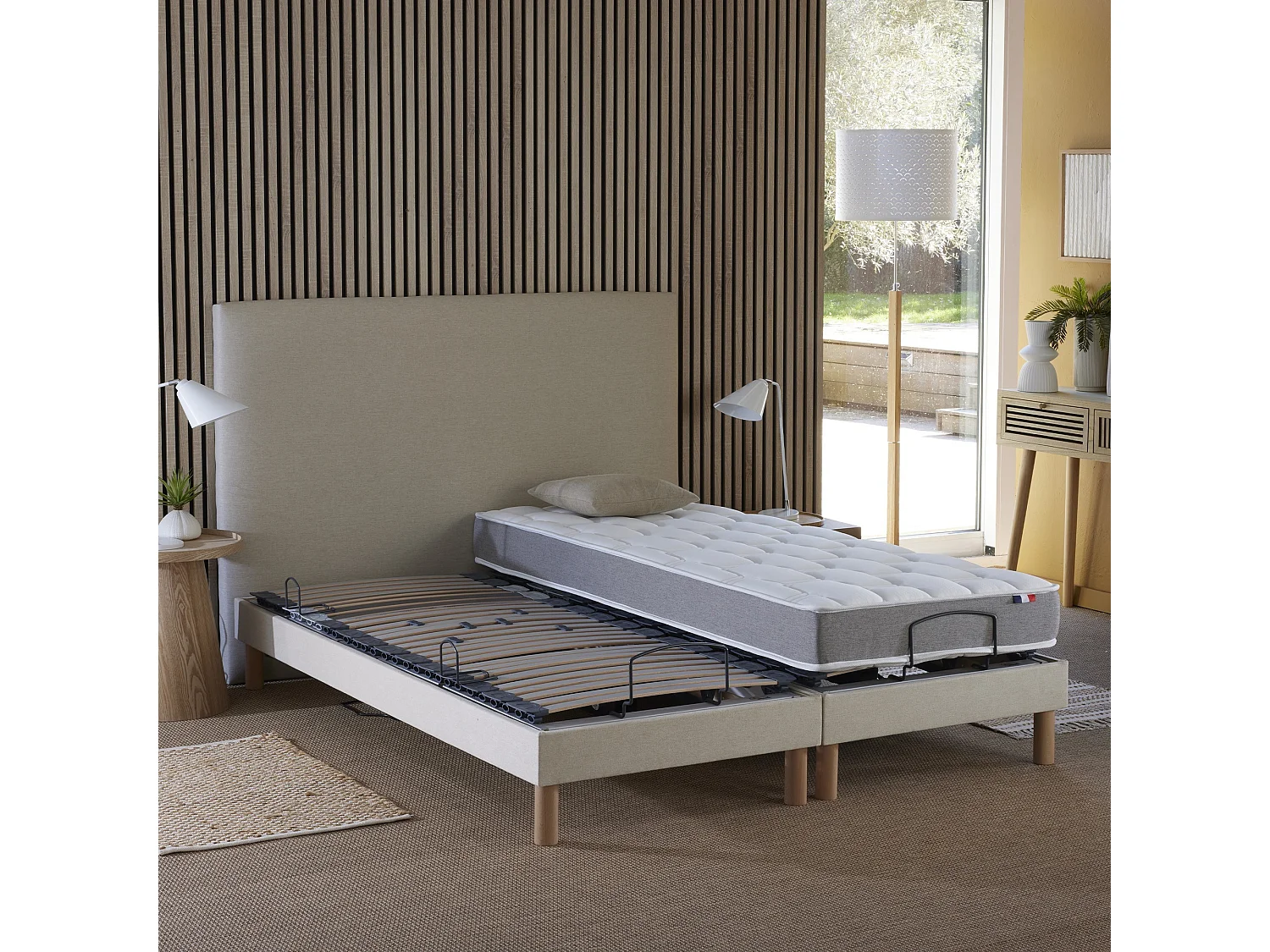 Ensemble lit électrique relaxation multi lattes + Matelas Mousse 35HR Couleur - Beige, - 2x90 x 200 cm