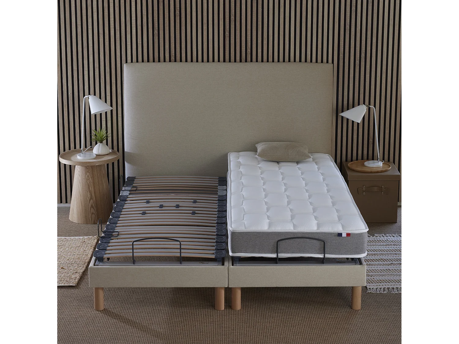 Ensemble lit électrique relaxation multi lattes + Matelas Mousse à mémoire de forme Couleur - Beige, - 2x90 x 200 cm