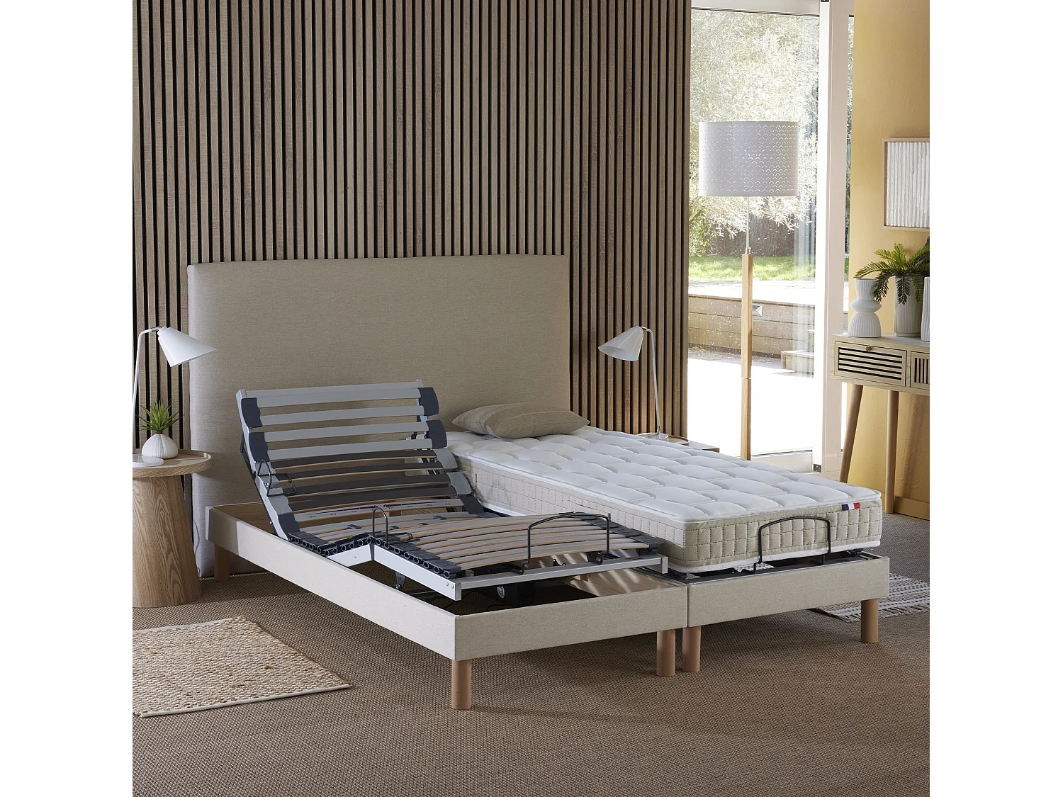 Ensemble lit électrique de relaxation multi lattes + Matelas 100% latex Couleur - Beige, - 2x80 x 200 cm