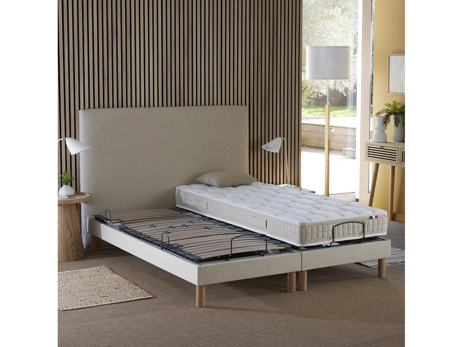 Ensemble lit électrique de relaxation multi lattes + Matelas 100% latex Couleur - Beige, - 2x80 x 200 cm