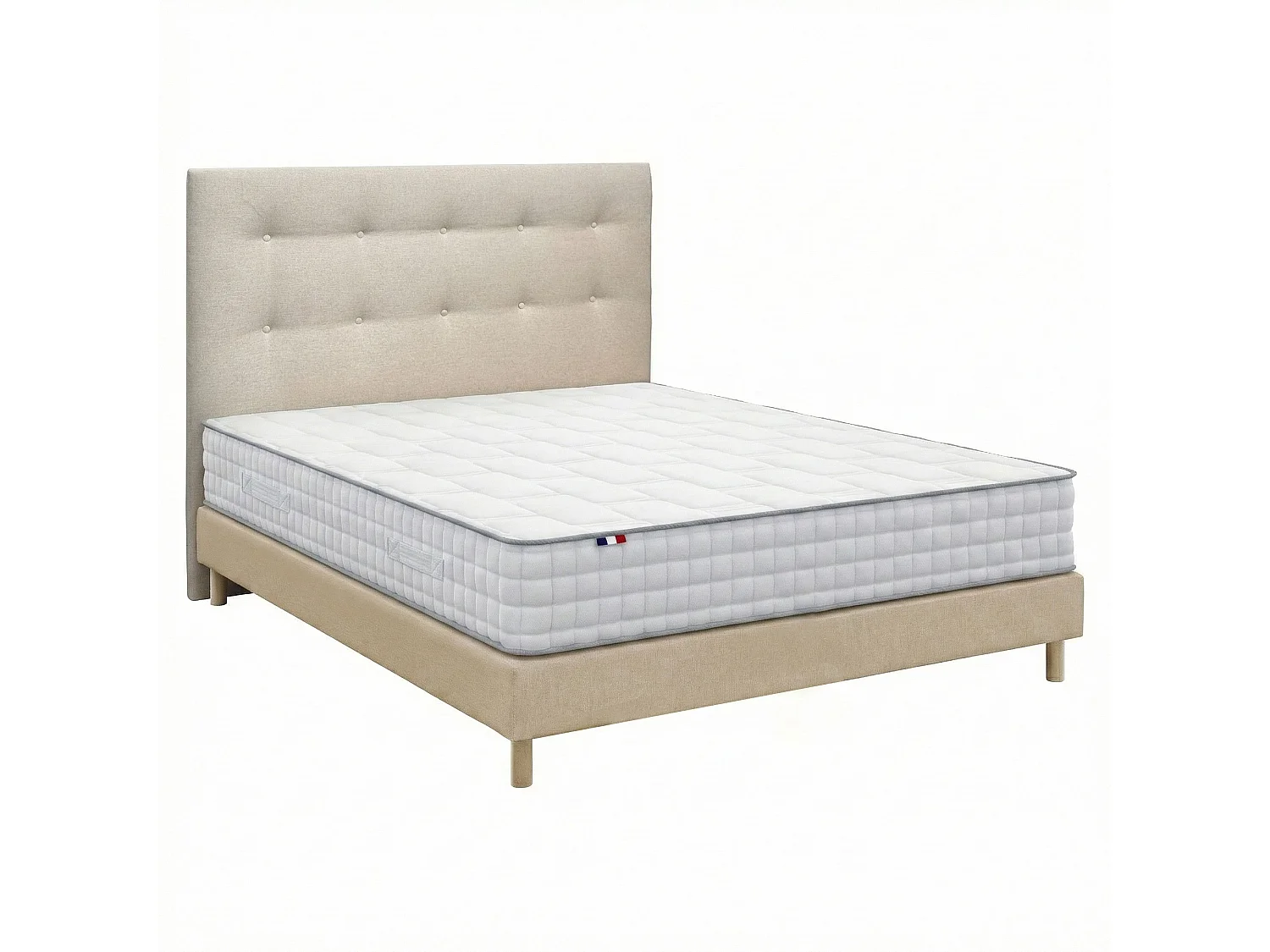 Ensemble matelas ressorts 7 zones, H24 cm, sommier et tete de lit capitonnee beige 140 x 190 cm