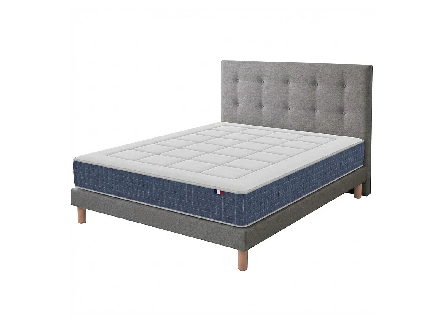 Ensemble matelas ressort, H28 cm, accueil memoire de forme, sommier et tete de lit gris 140 x 200 cm