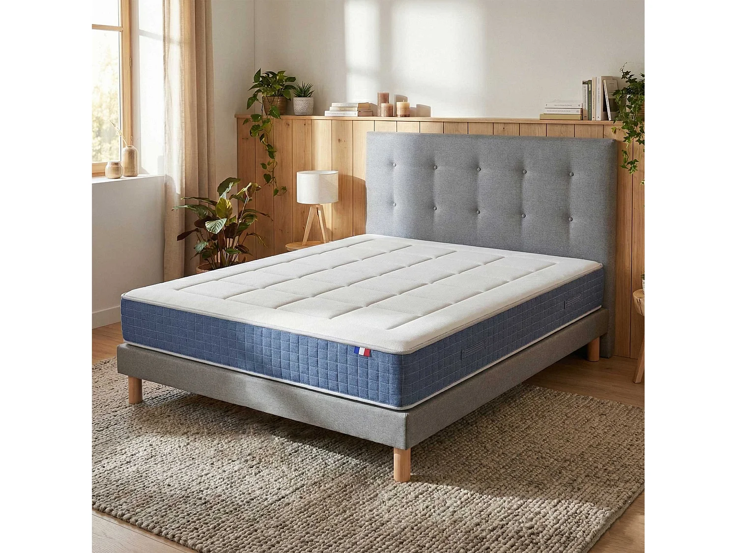 Ensemble matelas ressort, H28 cm, accueil memoire de forme, sommier et tete de lit gris 140 x 200 cm