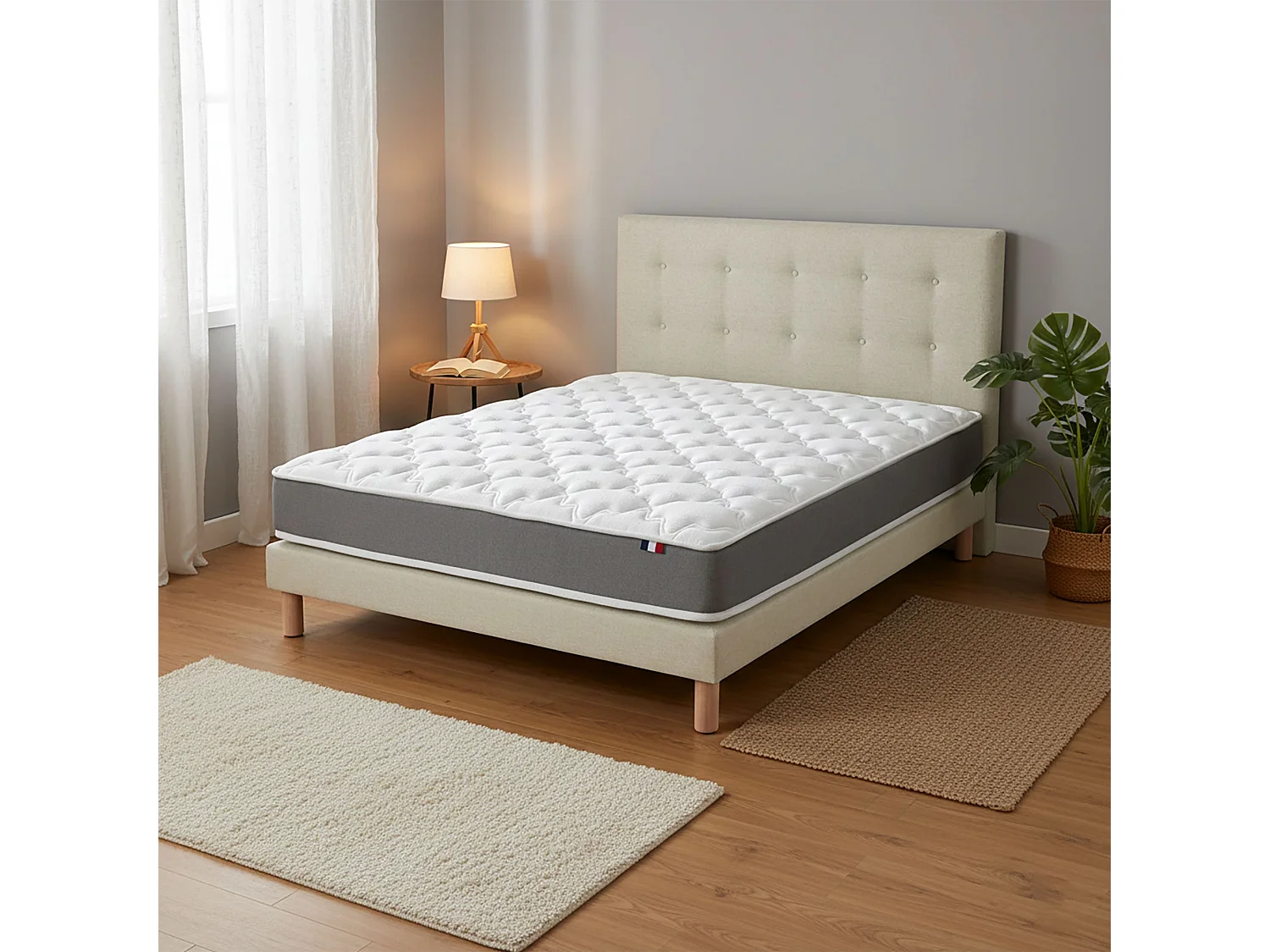 Ensemble matelas mousse, H16 cm, 35Kg/m3, sommier, tete de lit capitonee beige 140 x 200 cm