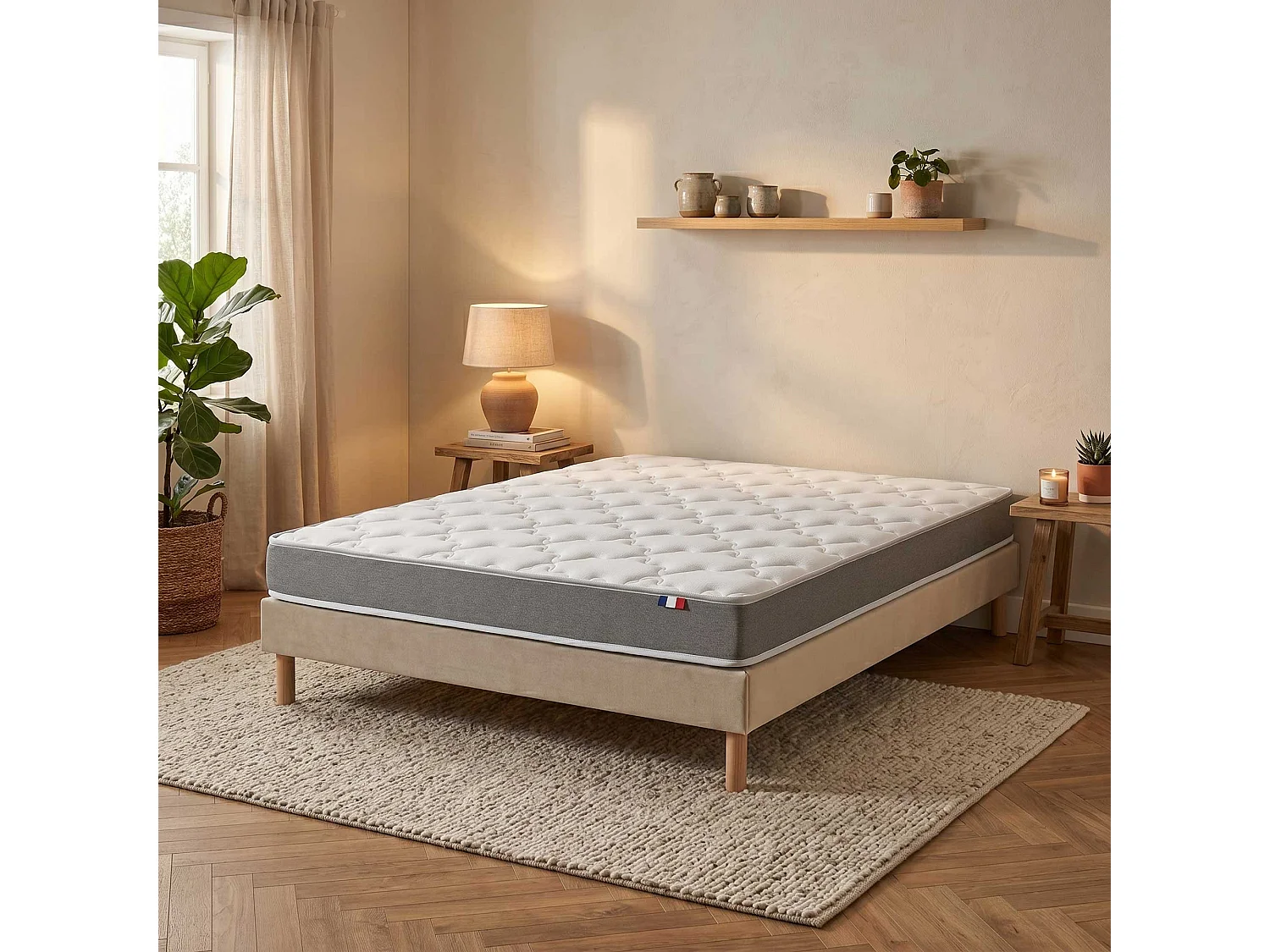 Ensemble matelas mousse, 25kg/m3, H16 cm, sommier en kit - 140x190cm - beige