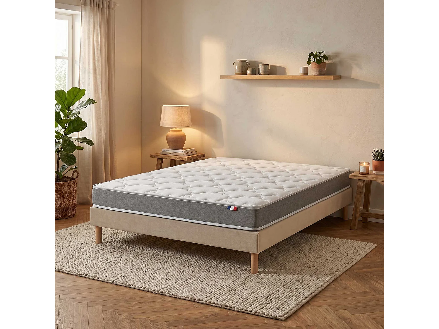 Ensemble matelas mousse 25kg/m3 H16 sommier en kit 140x190cm beige