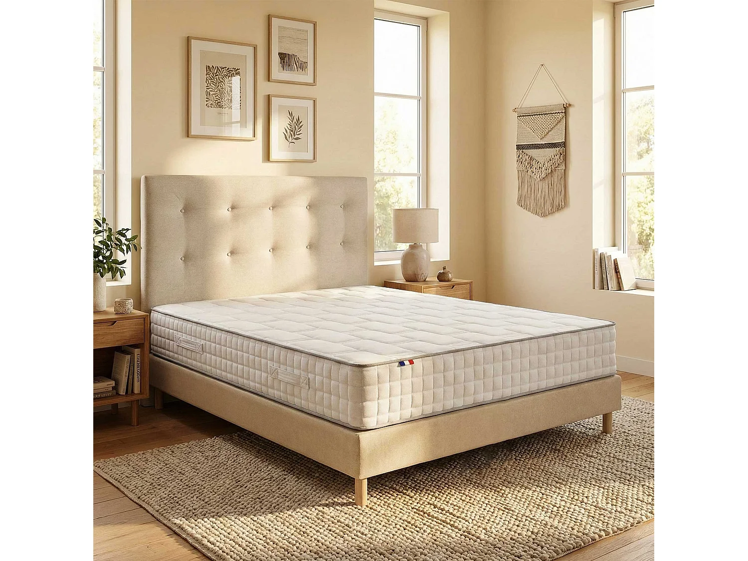 Ensemble matelas ressorts 7 zones, H24 cm, sommier et tete de lit capitonnee beige 140 x 200 cm