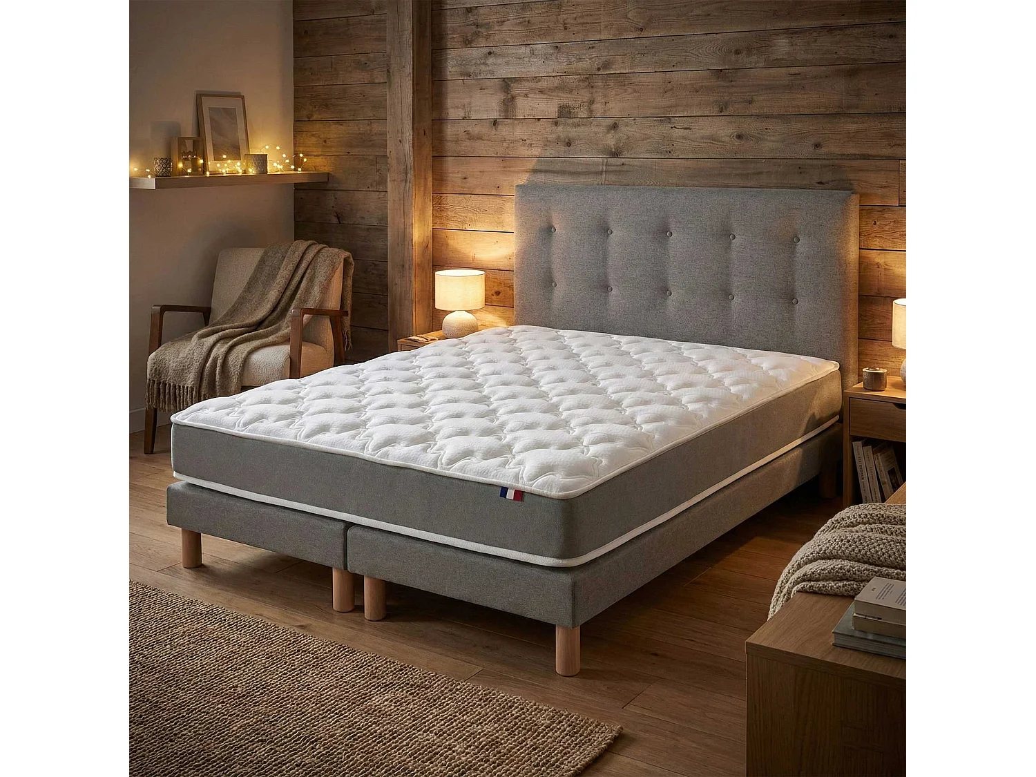 Ensemble matelas haute resilience, H16 cm, sommier et tete de lit capitonnee gris 160 x 200 cm