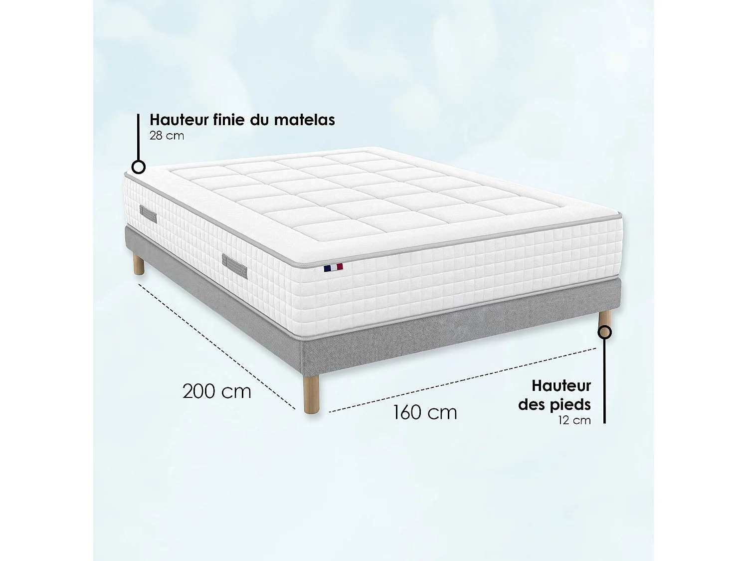 Matelas ressorts, accueil mémoire de forme, H 28 cm, sommier en kit - 140x200 cm - gris