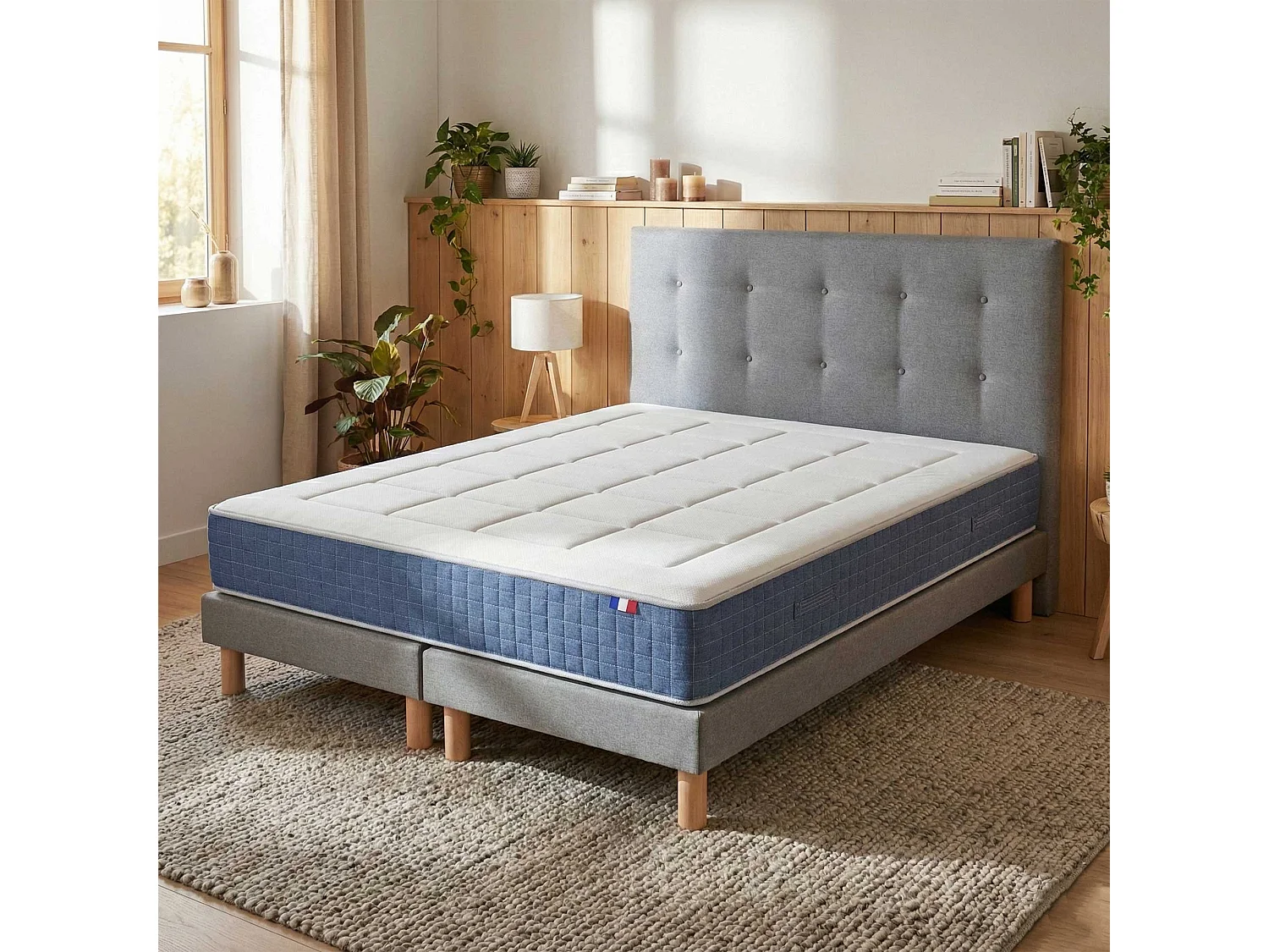 Ensemble matelas ressort, H28 cm, accueil memoire de forme, sommier et tete de lit gris 2x90 x 200 cm