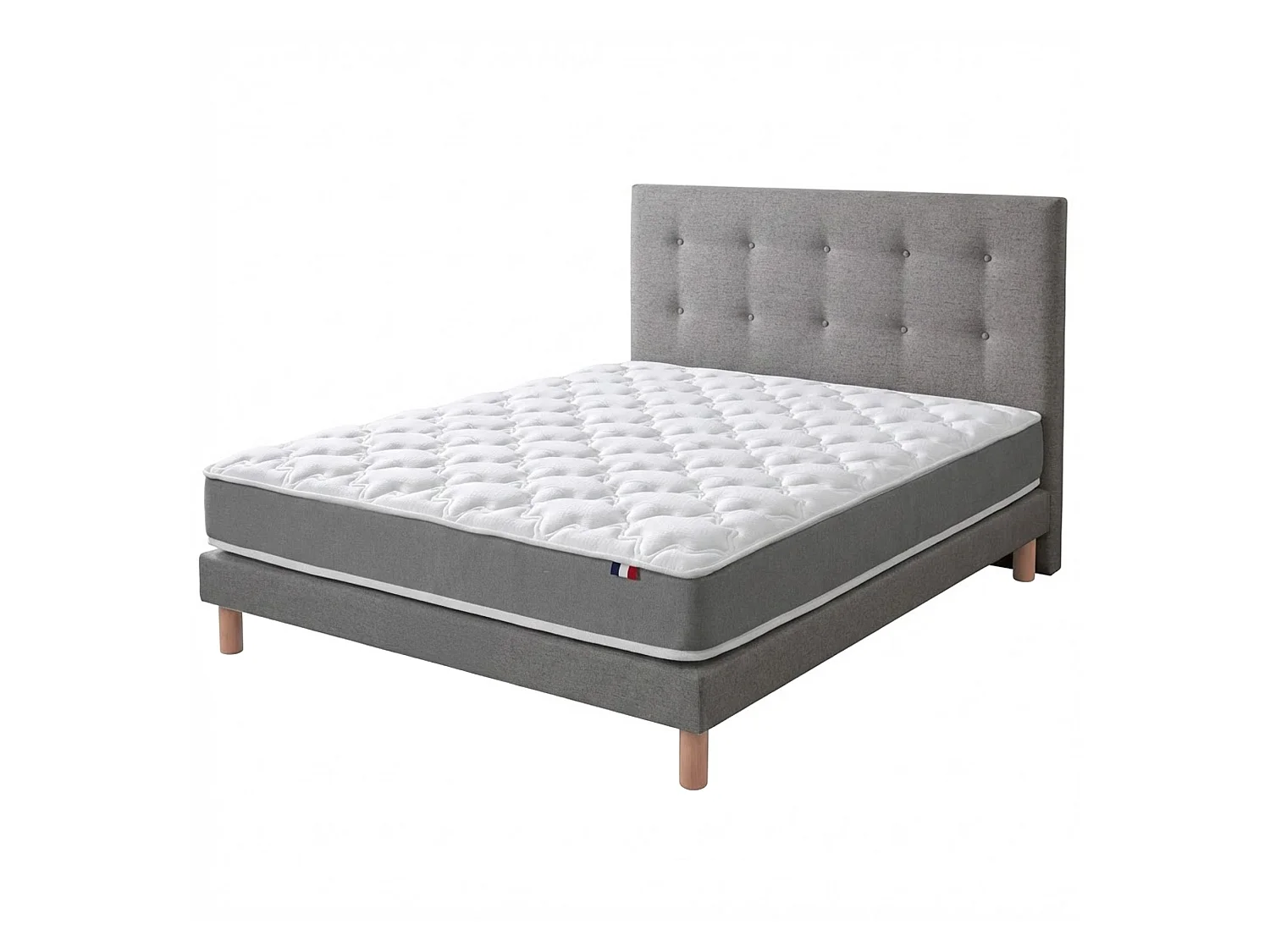 Ensemble matelas haute resilience, H16 cm, sommier et tete de lit capitonnee gris 140 x 190 cm