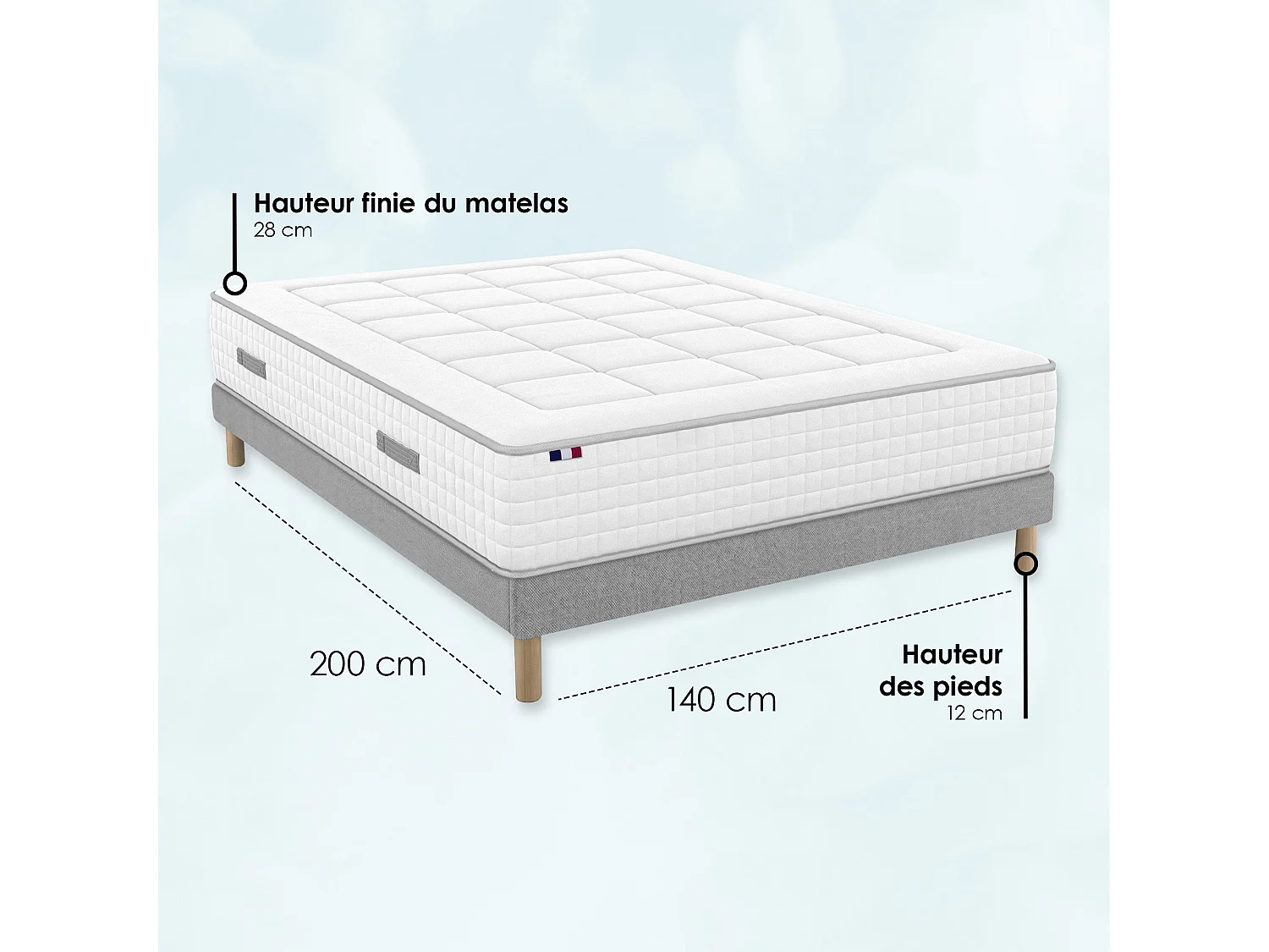 Matelas ressorts, accueil mémoire de forme, H 28 cm, sommier en kit - 160x200 cm - gris