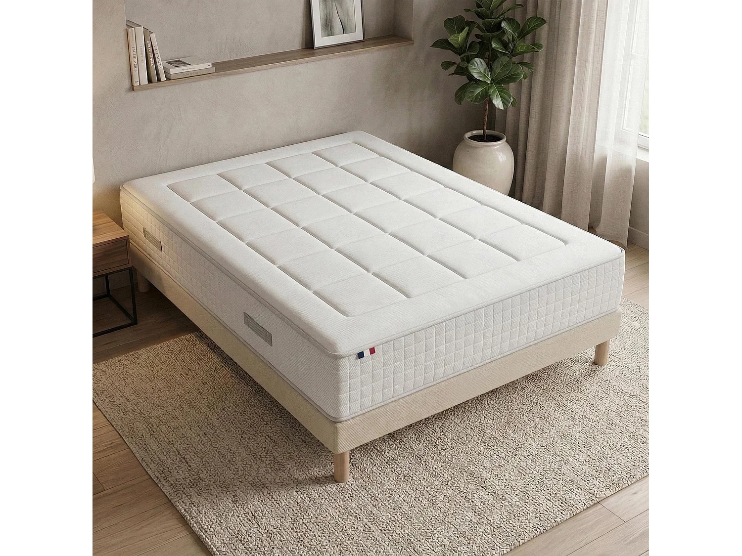 Matelas ressorts, accueil mémoire de forme, H 28 cm, sommier en kit - 140x200 cm - beige
