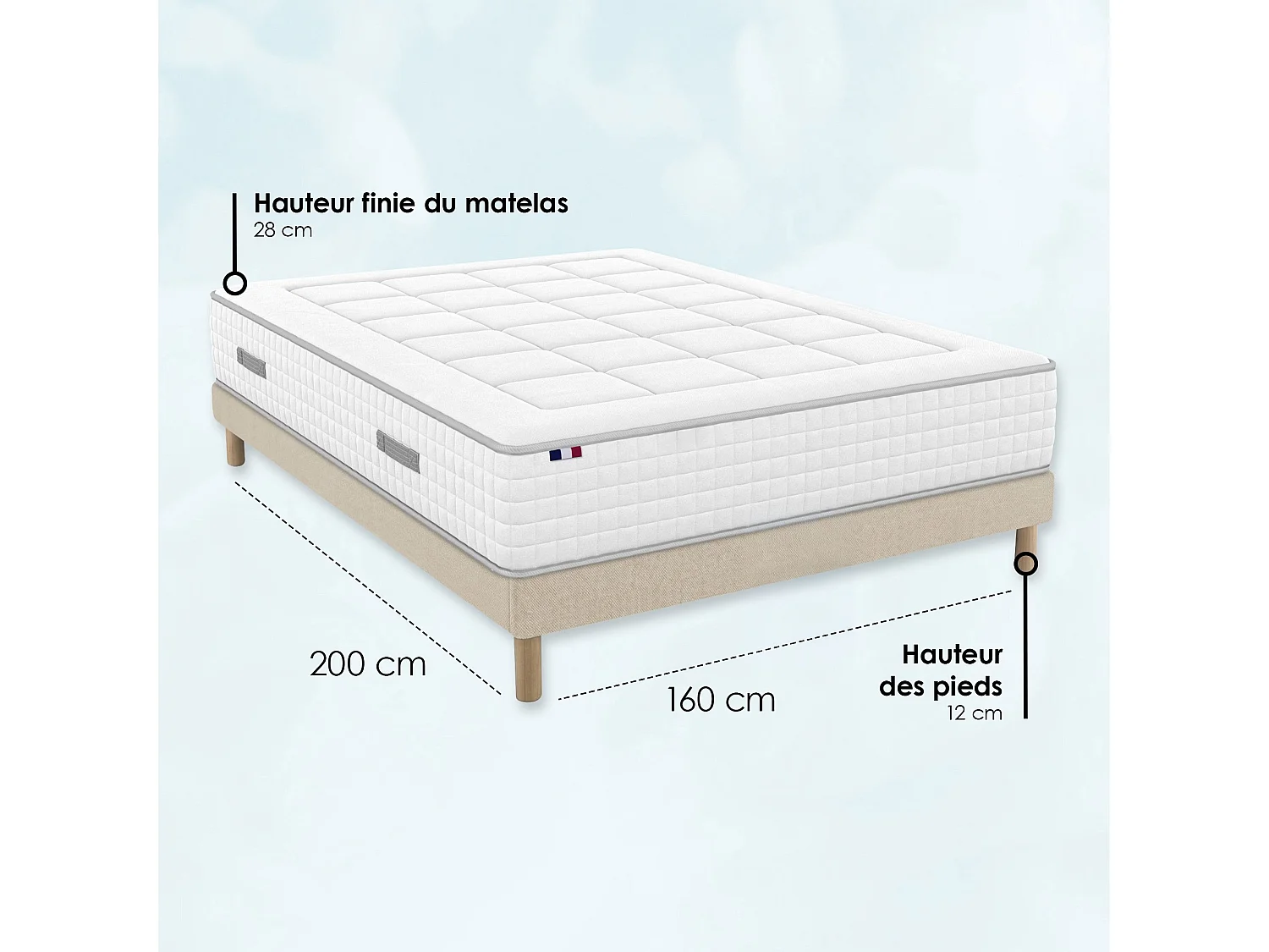 Matelas ressorts, accueil mémoire de forme, H 28 cm, sommier en kit - 140x200 cm - beige