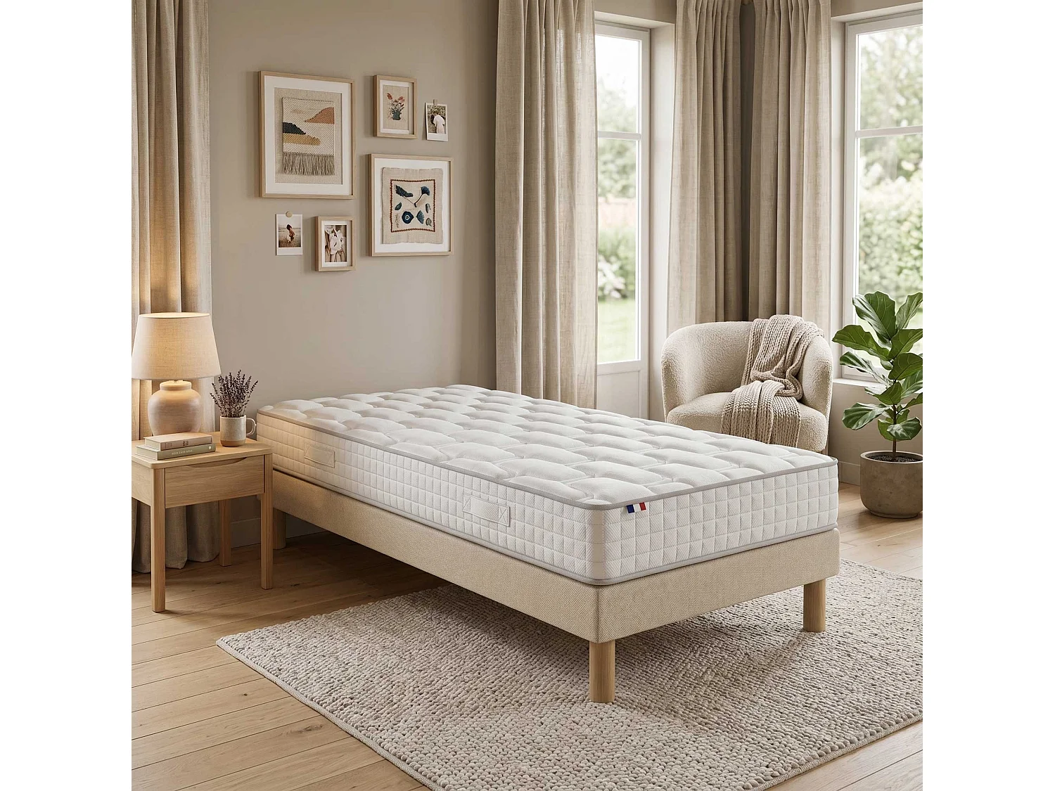 Ensemble matelas ressorts, H24cm, sommier en kit - 90x200cm - beige