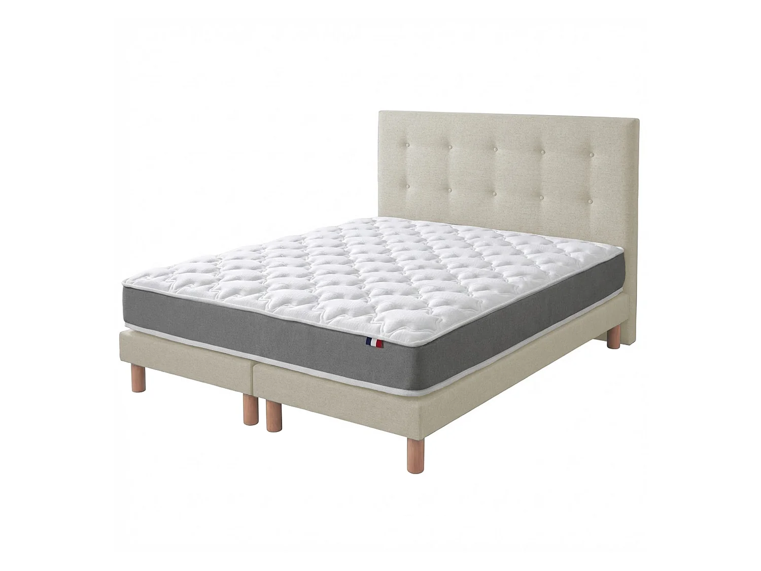 Ensemble matelas mousse, H16 cm, 35Kg/m3, sommier, tete de lit capitonee beige 160 x 200 cm