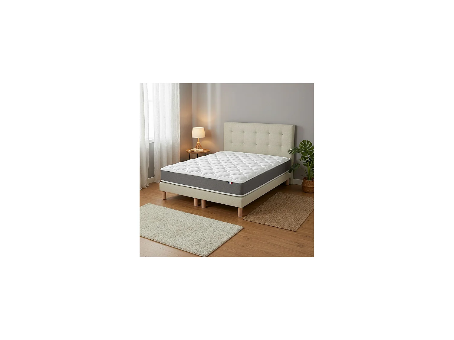 Ensemble matelas mousse, H16 cm, 35Kg/m3, sommier, tete de lit capitonee beige 160 x 200 cm