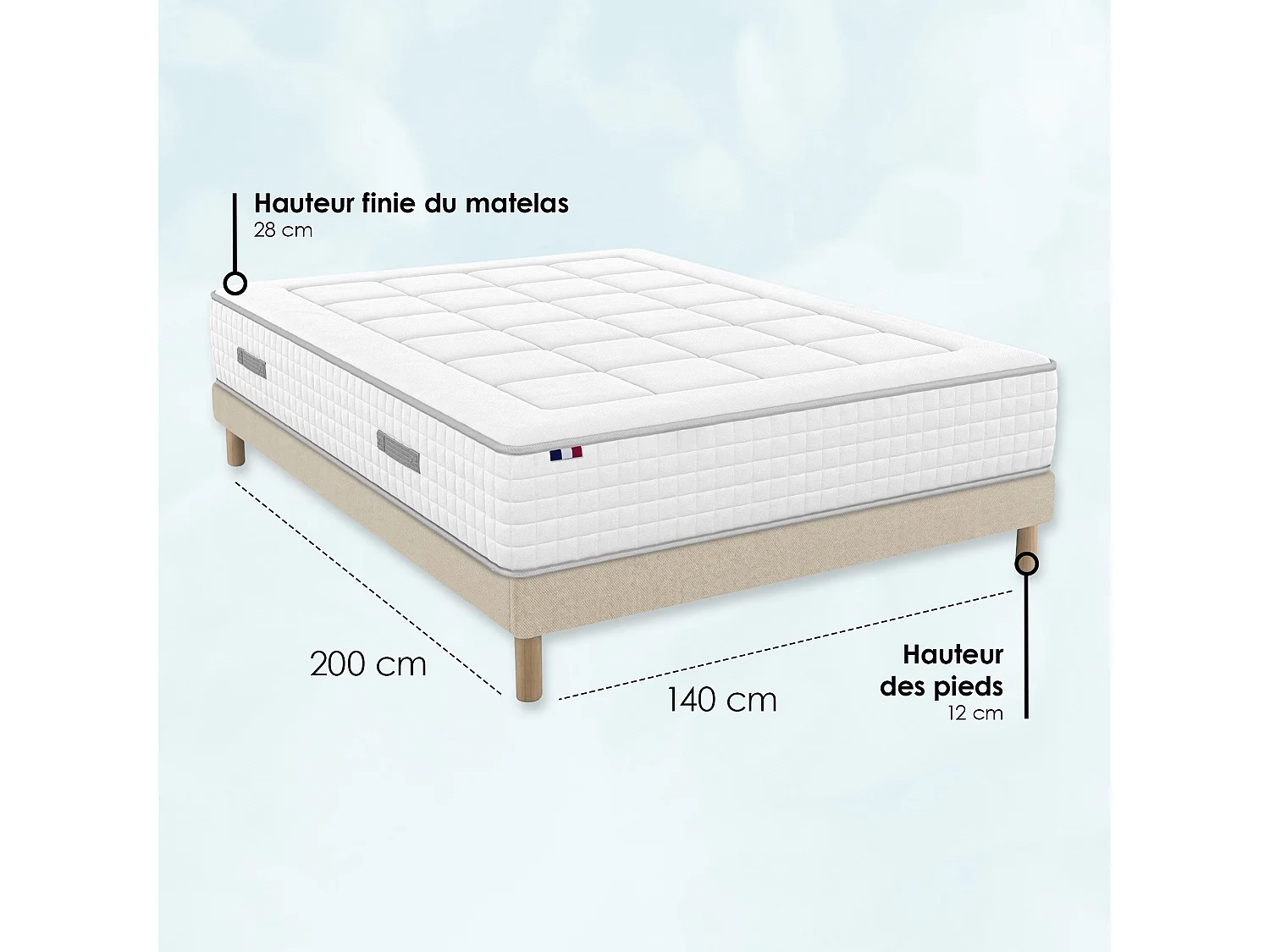 Matelas ressorts, accueil mémoire de forme, H 28 cm, sommier en kit - 160x200 cm - beige
