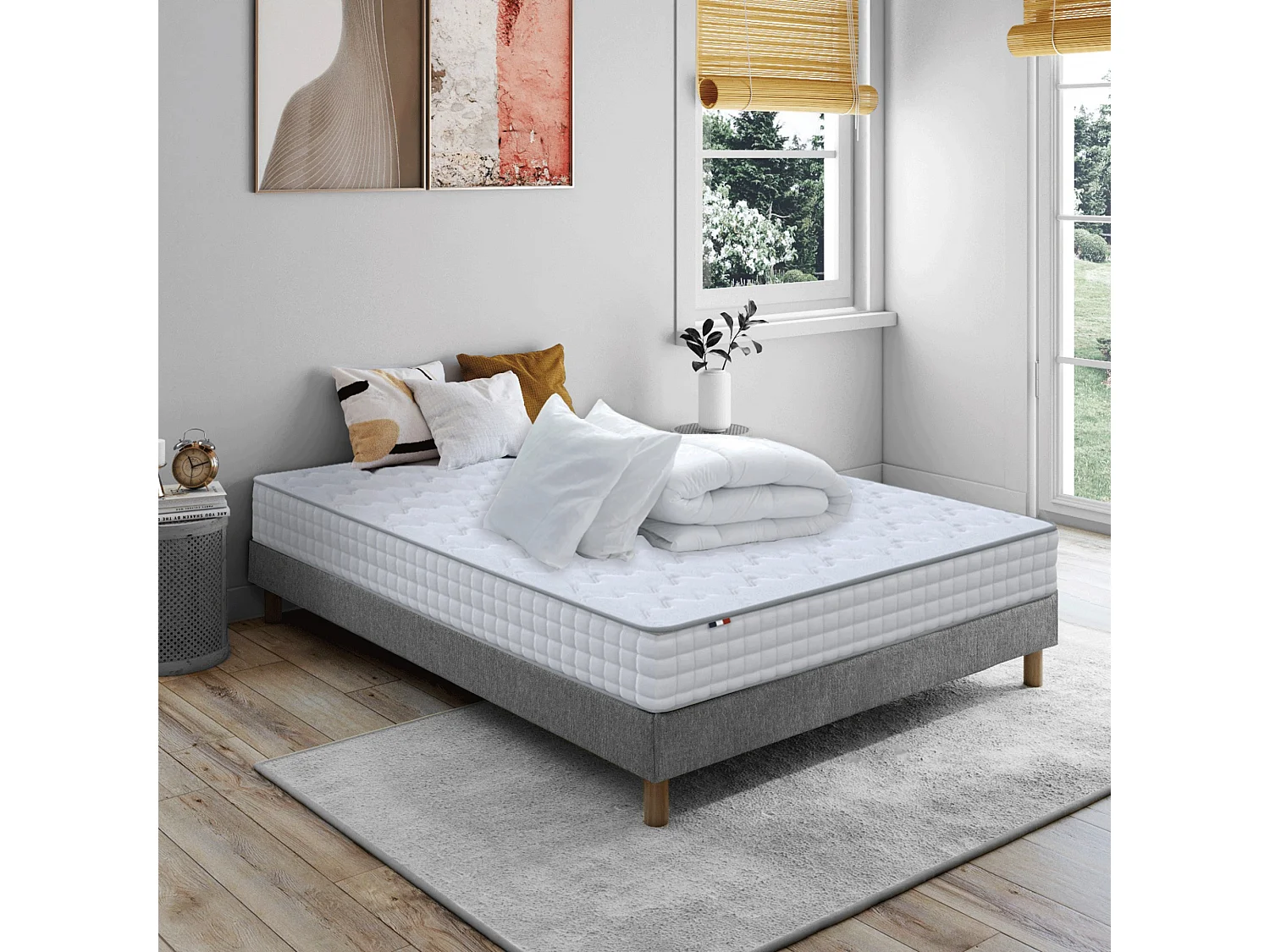 Pack matelas ressorts ASTRE + sommier kit gris + couette et oreillers 140 x 190 cm