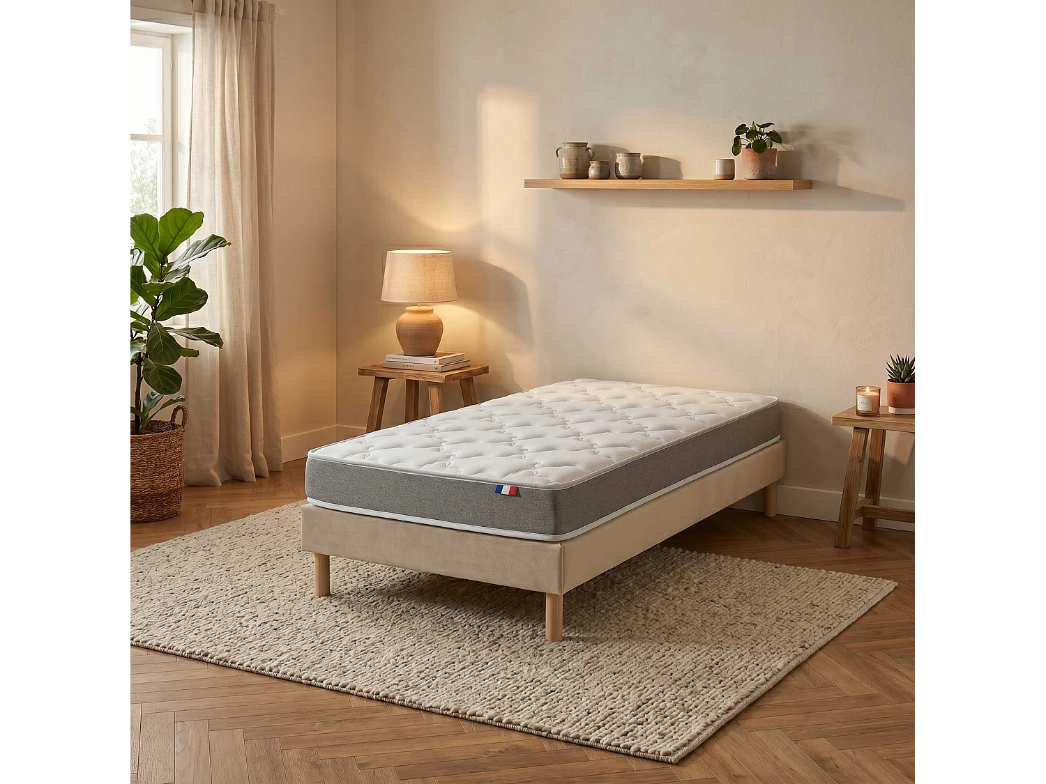 Ensemble matelas mousse 25kg/m3 H16 sommier en kit 90x200cm beige