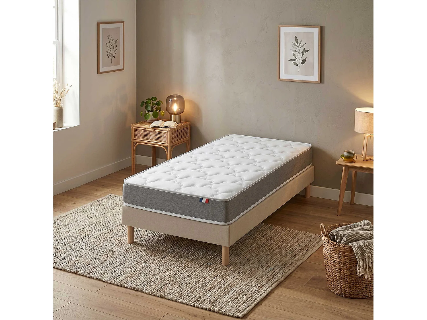 Ensemble matelas mousse, 25kg/m3, H16 cm, sommier en kit - 90x190cm - beige