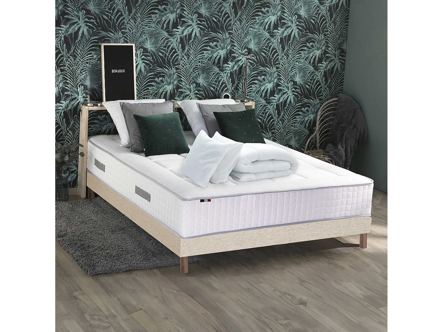 Pack matelas ressorts 7 zones PALACIO + sommier en kit beige + couette et oreillers 140 x 190 cm
