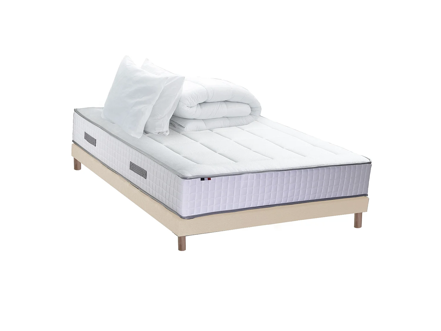 Pack matelas ressorts 7 zones PALACIO + sommier en kit beige + couette et oreillers 160 x 200 cm