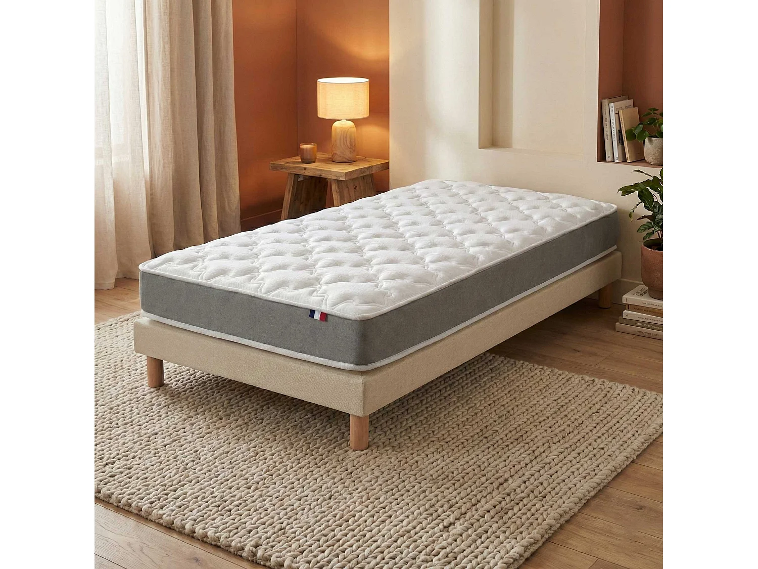 Ensemble matelas mousse, H16 cm, 25 kg/m3, sommier lattes passives beige 90 x 190 cm