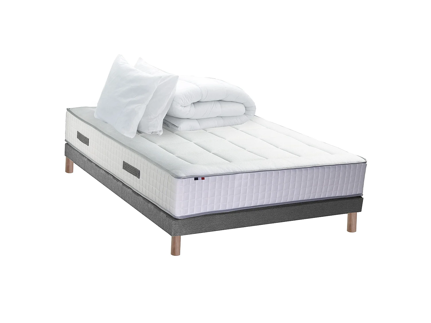 Pack matelas ressorts 7 zones PALACIO + sommier en kit gris + couette et oreillers 140 x 200 cm