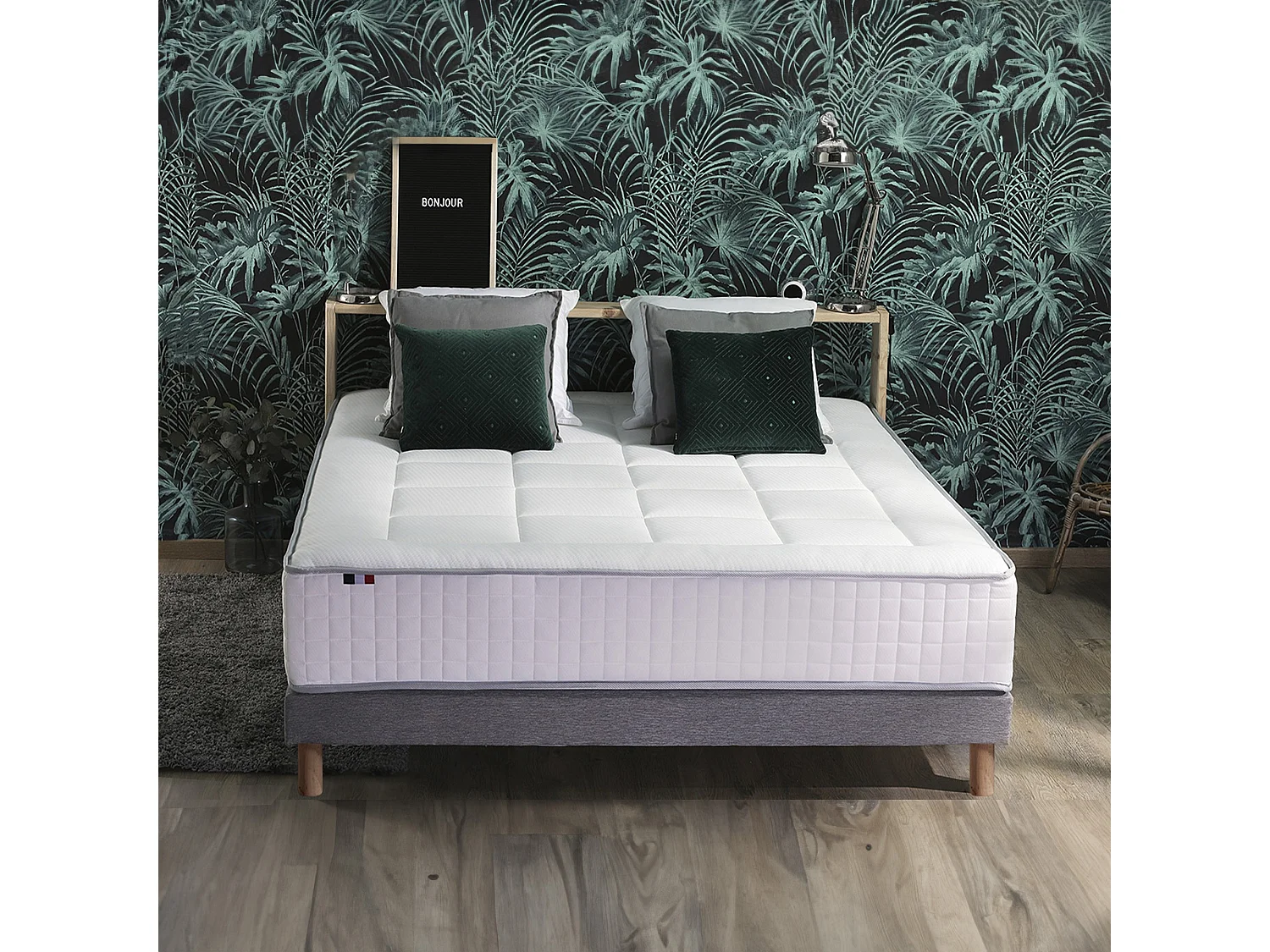 Pack matelas ressorts 7 zones PALACIO + sommier en kit gris + couette et oreillers 140 x 200 cm