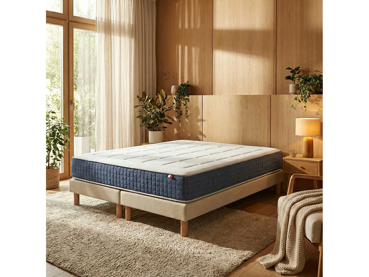 Ensemble matelas ressort, H28 cm, accueil memoire de forme, sommier beige 2x90 x 200 cm