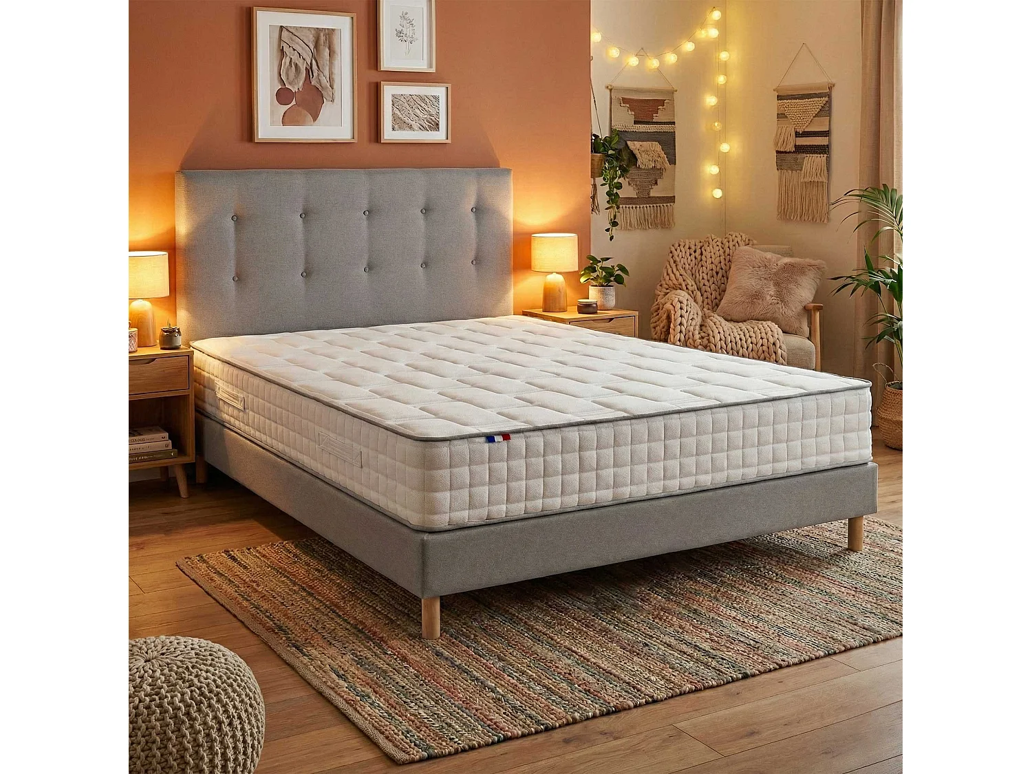 Ensemble matelas ressorts 7 zones, H24 cm, sommier et tete de lit capitonnee gris 140 x 190 cm