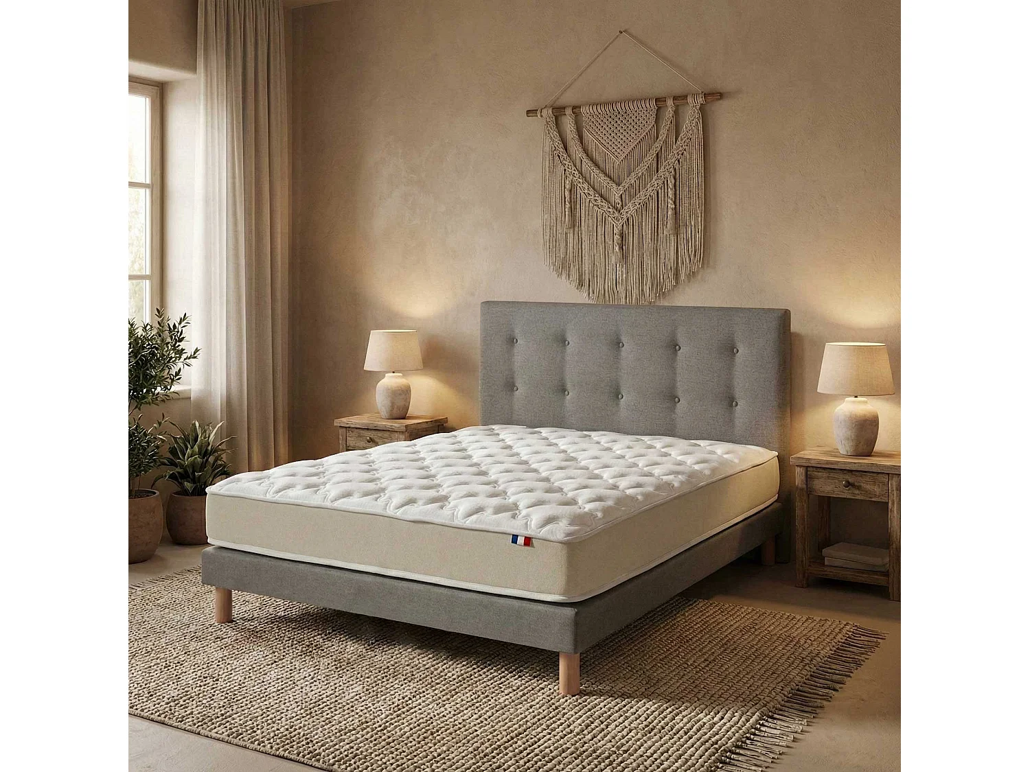Ensemble 140x200 + tête de lit Matelas polylatex 80 kg/m³ sommier gris