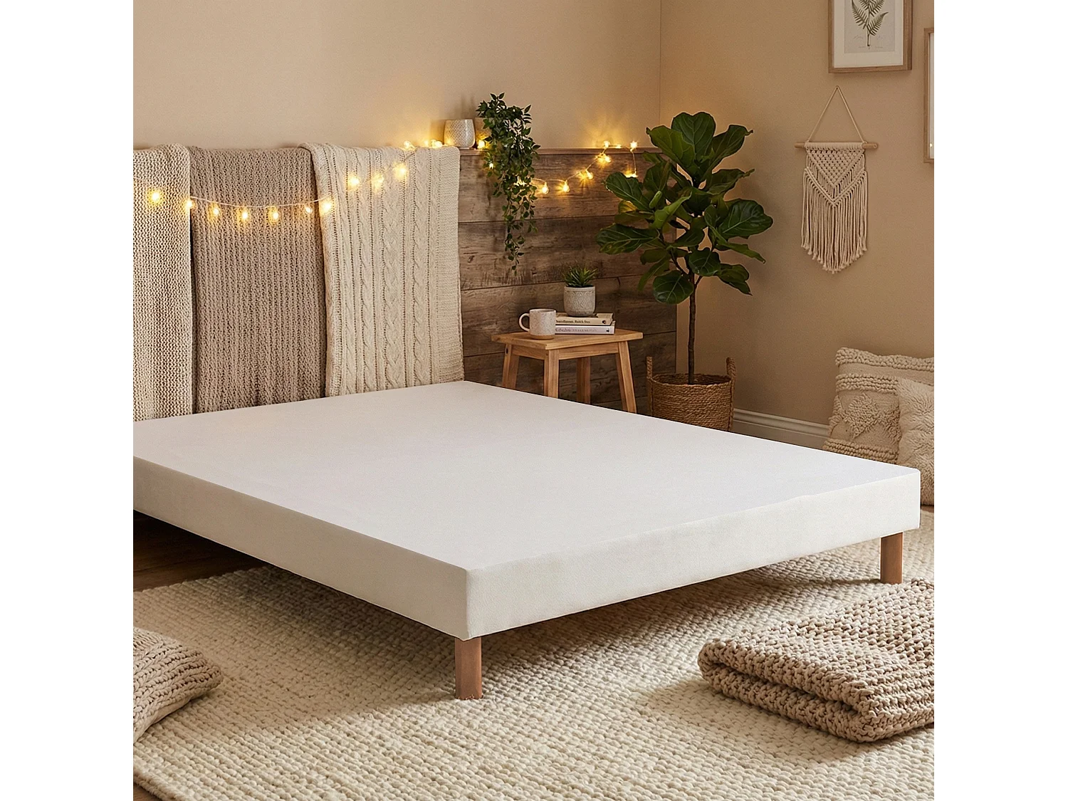 Sommier bois massif, lattes passives, tissu blanc 160 x 200 cm