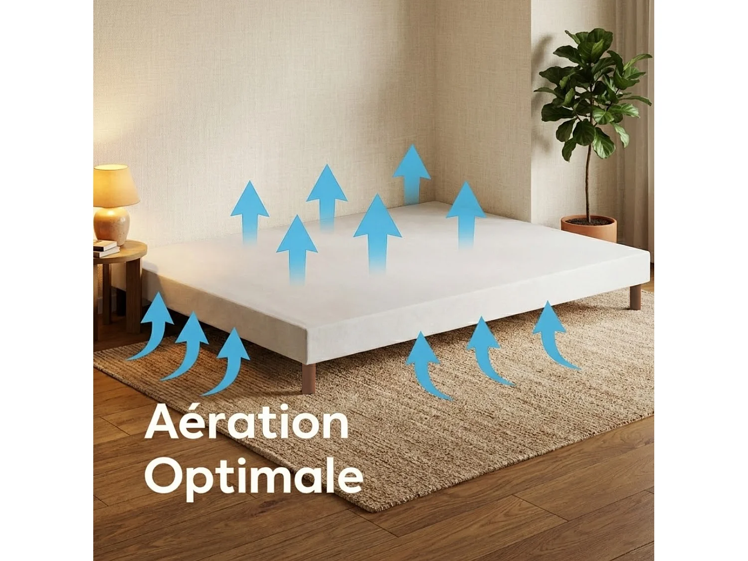 Sommier bois massif, lattes passives, tissu blanc 140 x 200 cm
