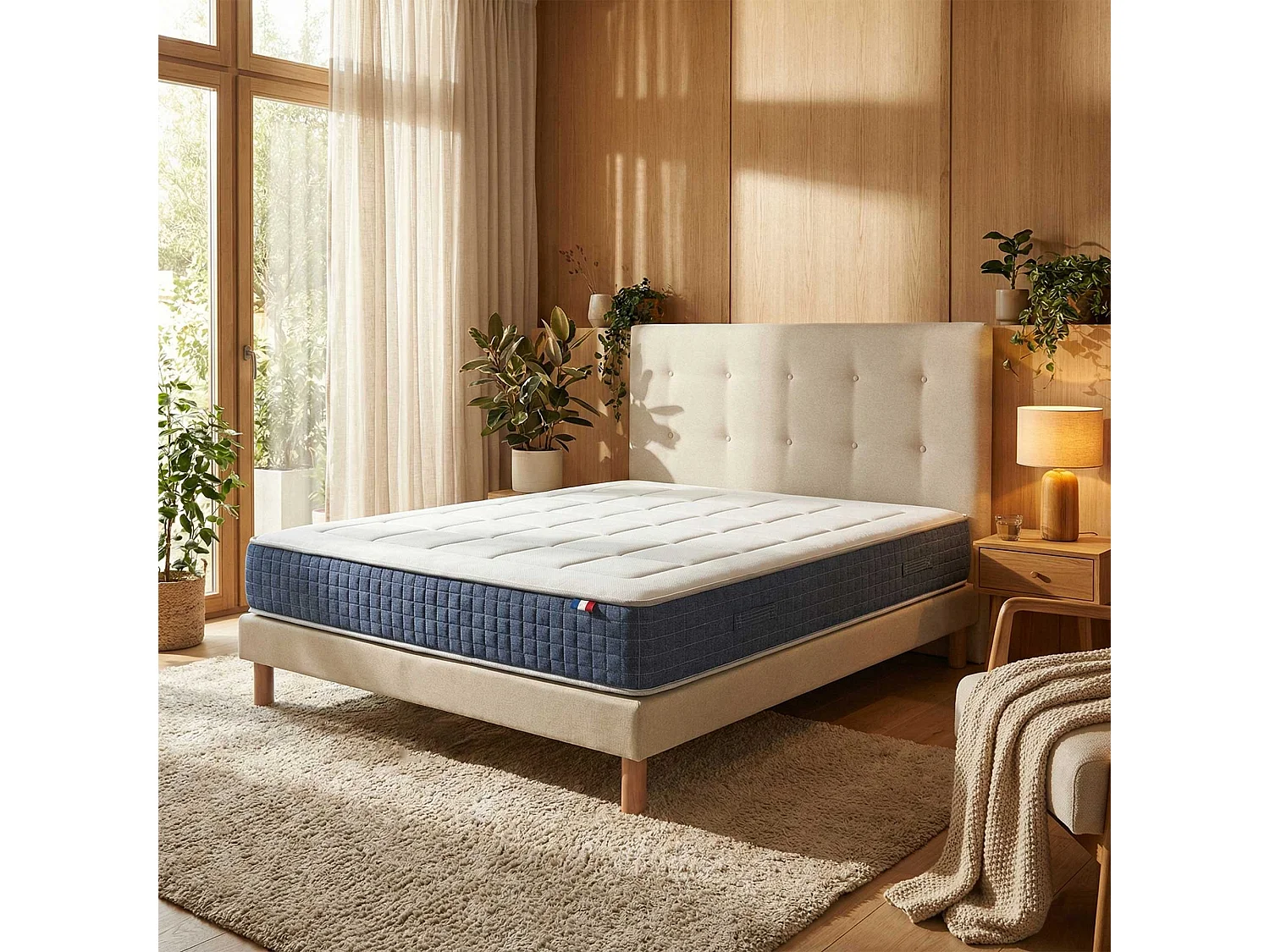 Ensemble matelas ressort, H28 cm, accueil memoire de forme, sommier et tete de lit beige 160 x 200 cm