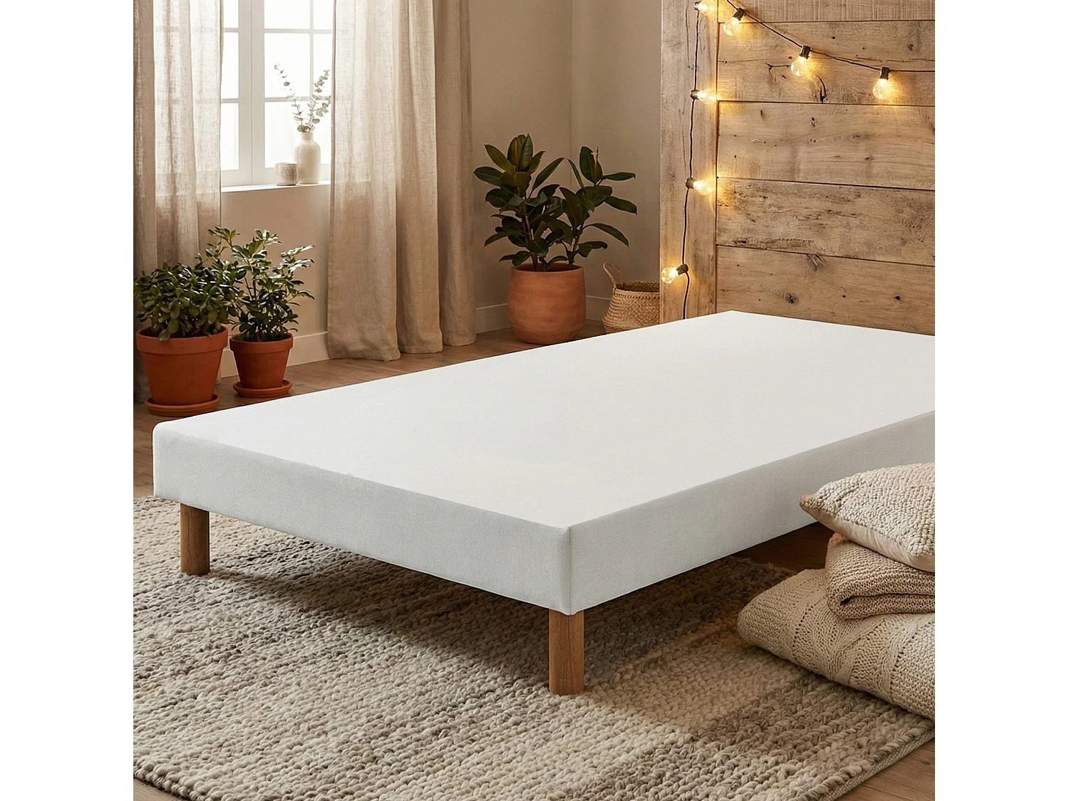 Sommier bois massif, lattes passives, tissu blanc 90 x 190 cm