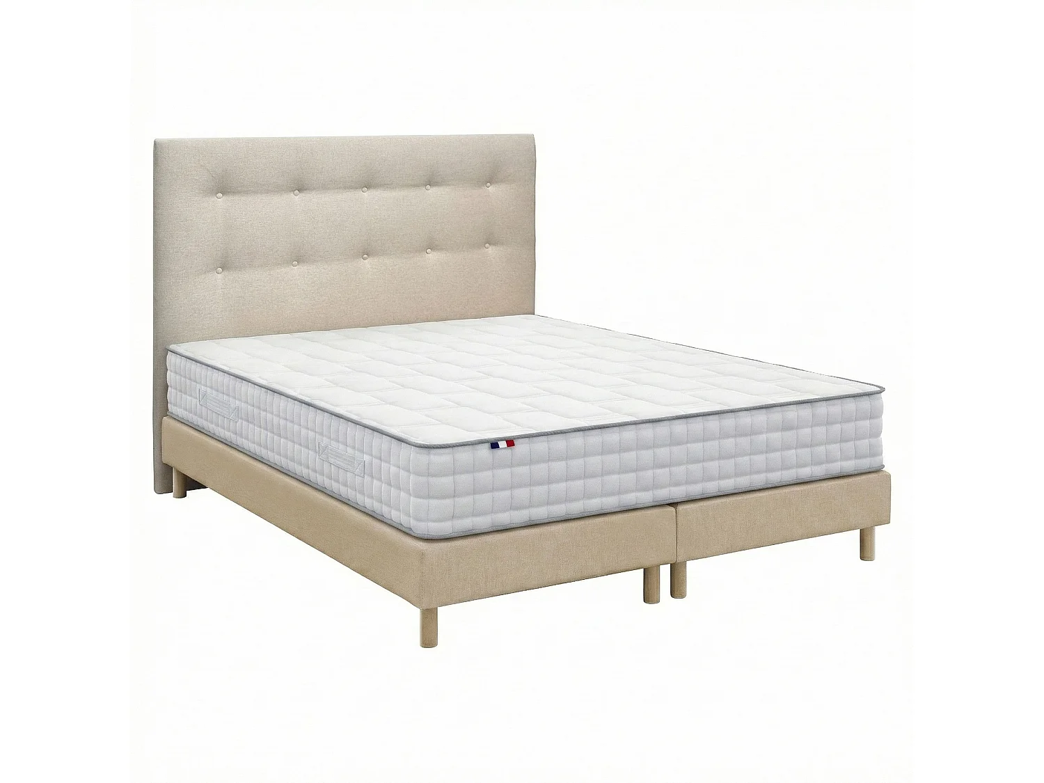 Ensemble matelas ressorts 7 zones, H24 cm, sommier et tete de lit capitonnee beige 2x90 x 200 cm