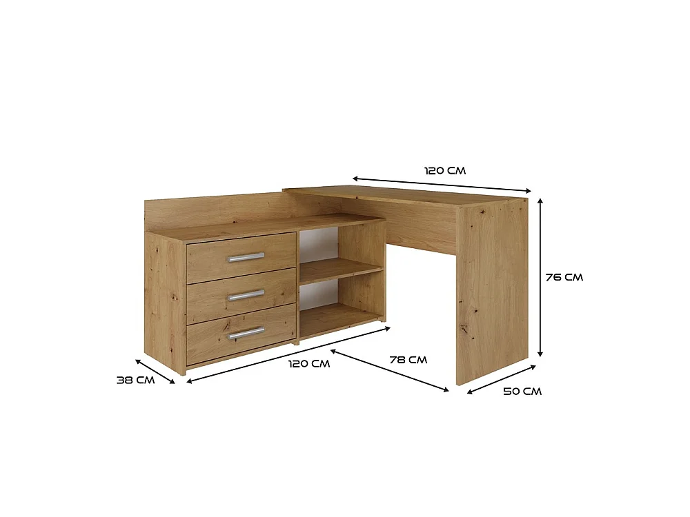 Hoekbureau eiken met ladekast - 120x50x76cm
