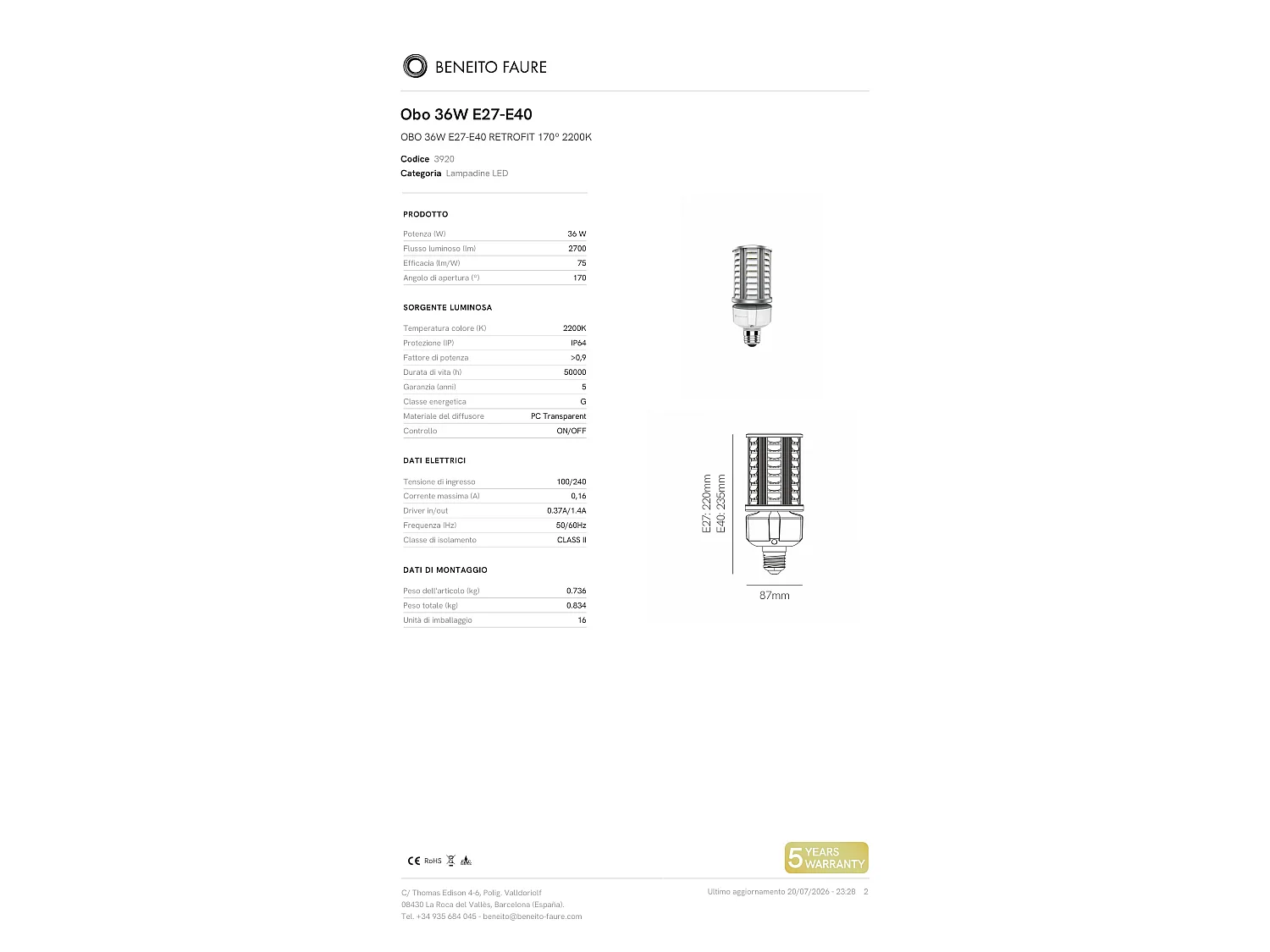 OBO 36W LED projektør E27/E40 2200K 2700lm 170º strålevinkel IP64 til professionel udendørsbelysning - Beneito & Faure