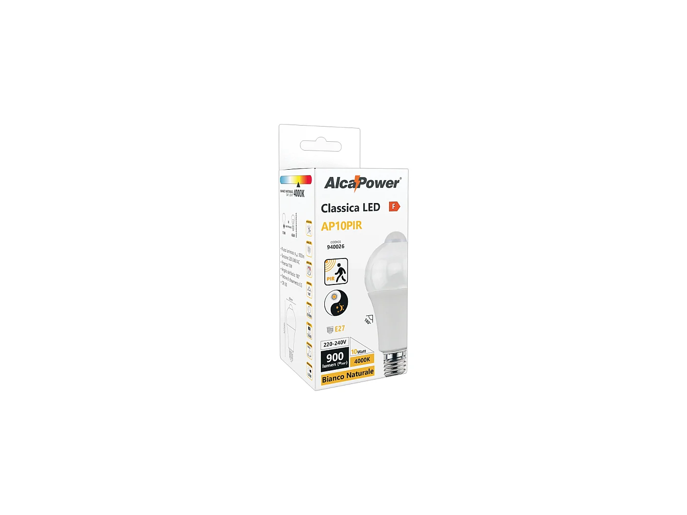 Alcapower Klassische LED-Lampe E27 10W 900lm 4000K mit PIR-Bewegungsmelder & Lichtsensor, Energieeffizienzklasse F, Ideal für Innenräume