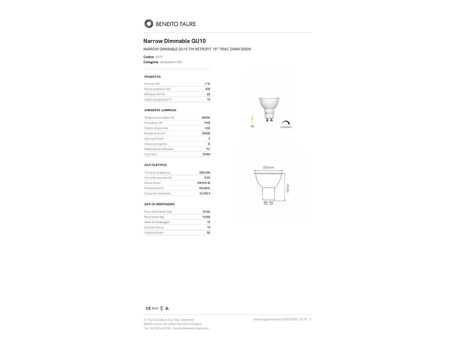 GU10 7W 15º dichroitische, schmale, dimmbare LED-Lampe, CRI > 80, 3000K, 420lm, Triac-dimmbar, weiße Farbe - Beneito & Faure Retrofit-Serie