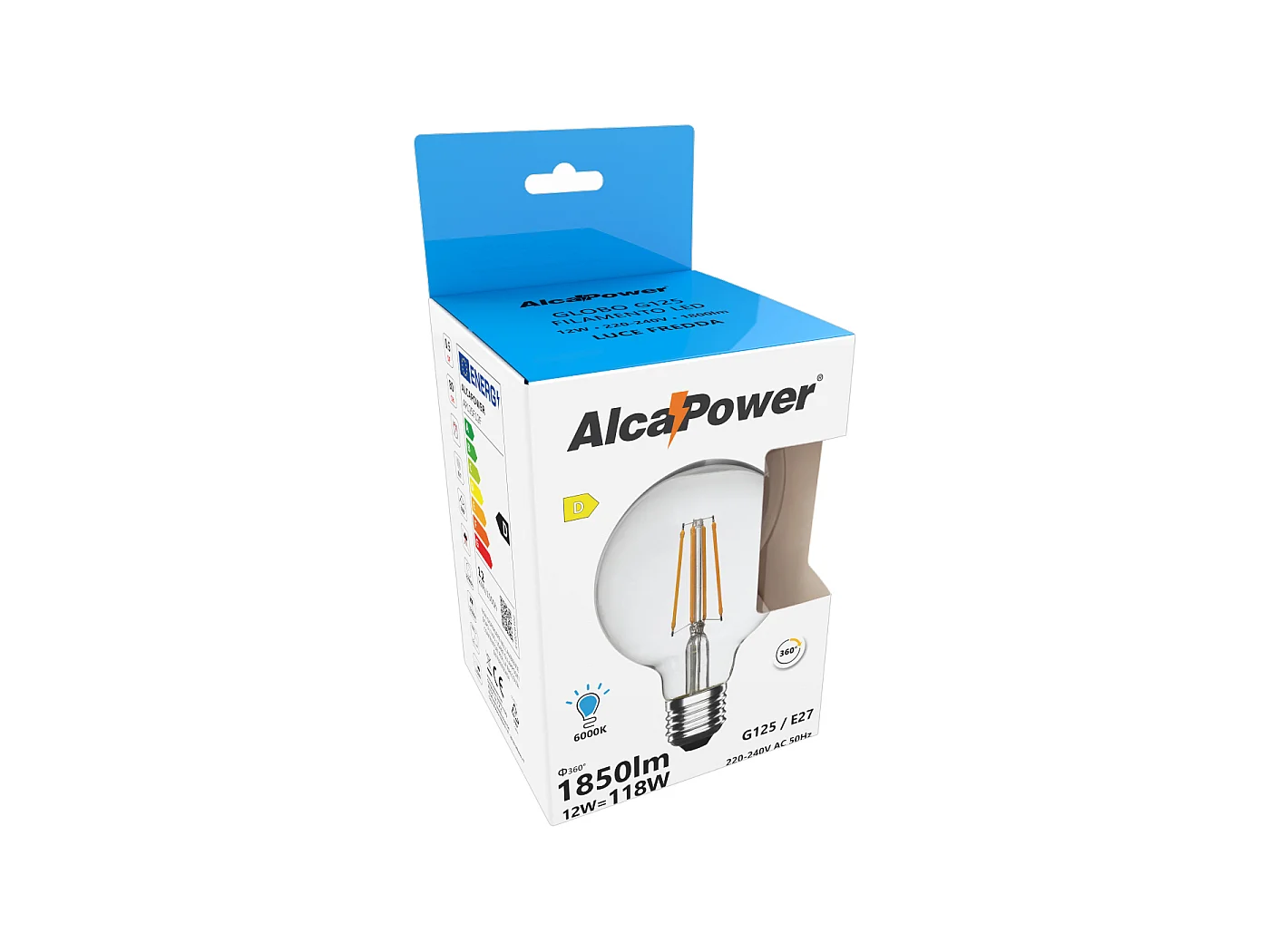 Alcapower G125 LED-Globelampe Filament Transparent 12W 1850lm 6000K E27 Kaltweiß Ø125x175mm Klasse D Effizient und Langlebig G125Fil