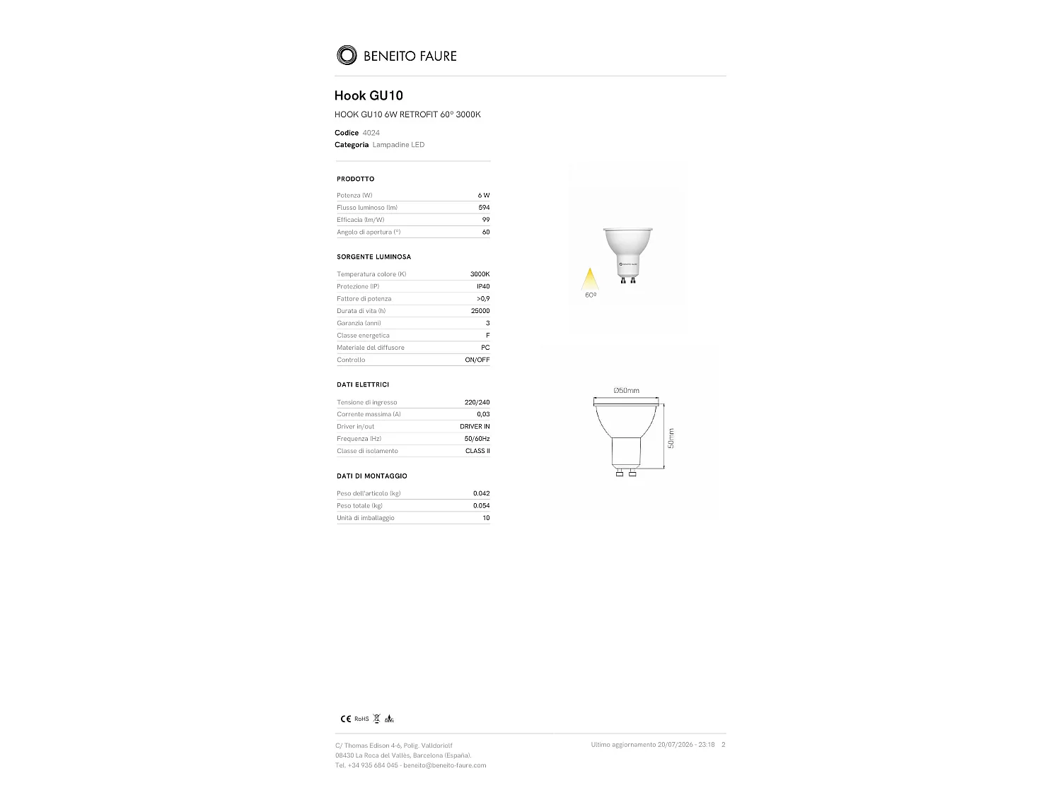 Lampadina LED Dicroica Hook GU10 6W 60 Gradi 3000K Luce Naturale 594lm Attacco GU10 IP40 Finitura Bianca per Interni - Beneito & Faure