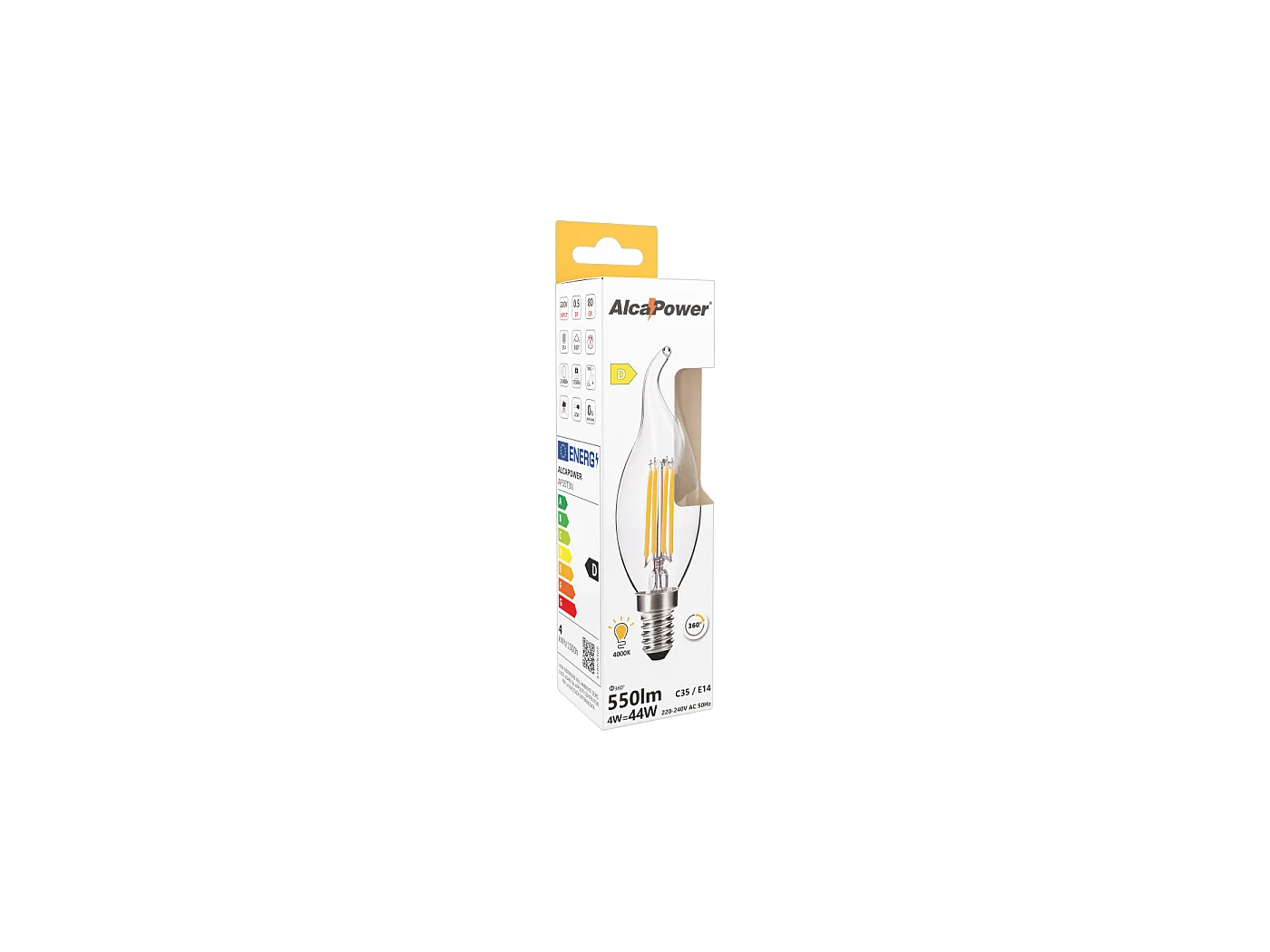 Alcapower LED-Windstoßlampe 4W 550lm 4000K E14 Filament Naturweiß, Energieklasse D, klassisches Design Ø35x125mm