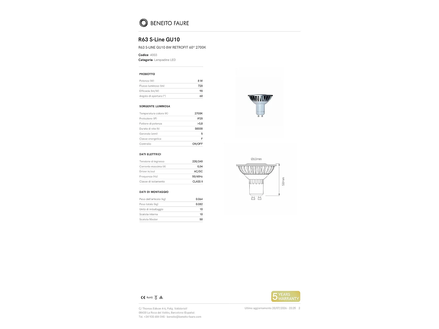 Beneito & Faure 8W GU10 S-Line R63 LED-lampe 2700K 720lm 60° strålevinkel IP40 - Højkvalitets indendørs belysningsløsning