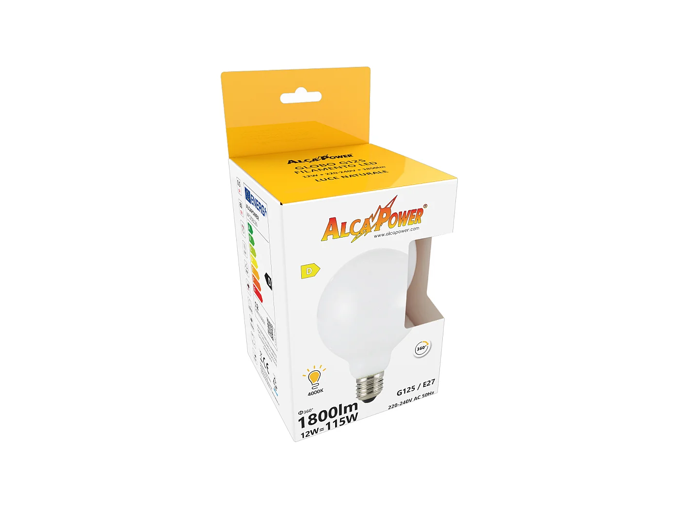 Alcapower LED-Lampe G125 Filament Glas weiß 12W E27 1800lm 4000K Neutrallicht 360°, Energieeffizienzklasse D, Ø125x175mm